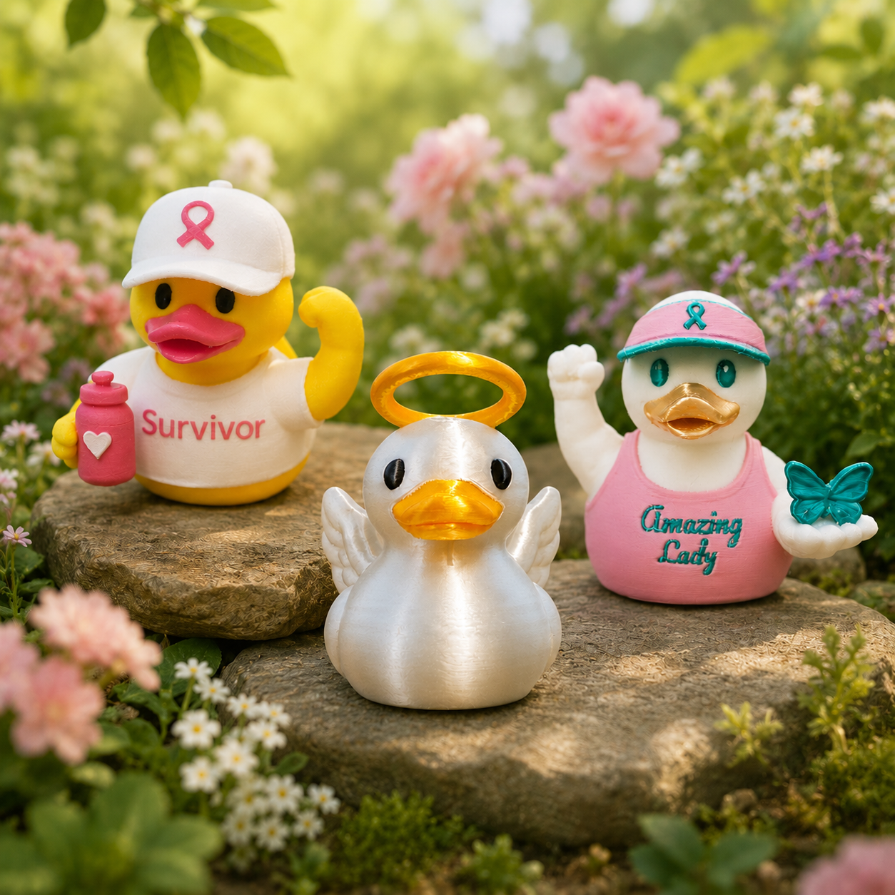 Awareness & Remembrance Ducks collection featuring a breast cancer survivor duck, angel remembrance duck, and ovarian cancer Amazing Lady duck displayed on natural stone in a blooming spring garden with soft pink and white flowers and warm sunlight.