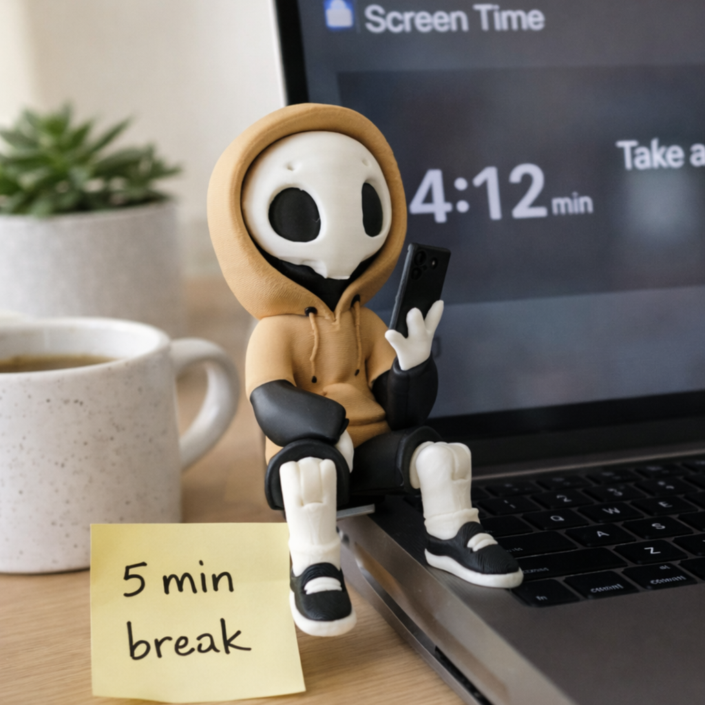 Articulated Desk Toy Phone Addict Figure Decoration Shelf Sitter Tech Humor Gift Idea Modern Accessory Office Decor Minimalist Design Hazy