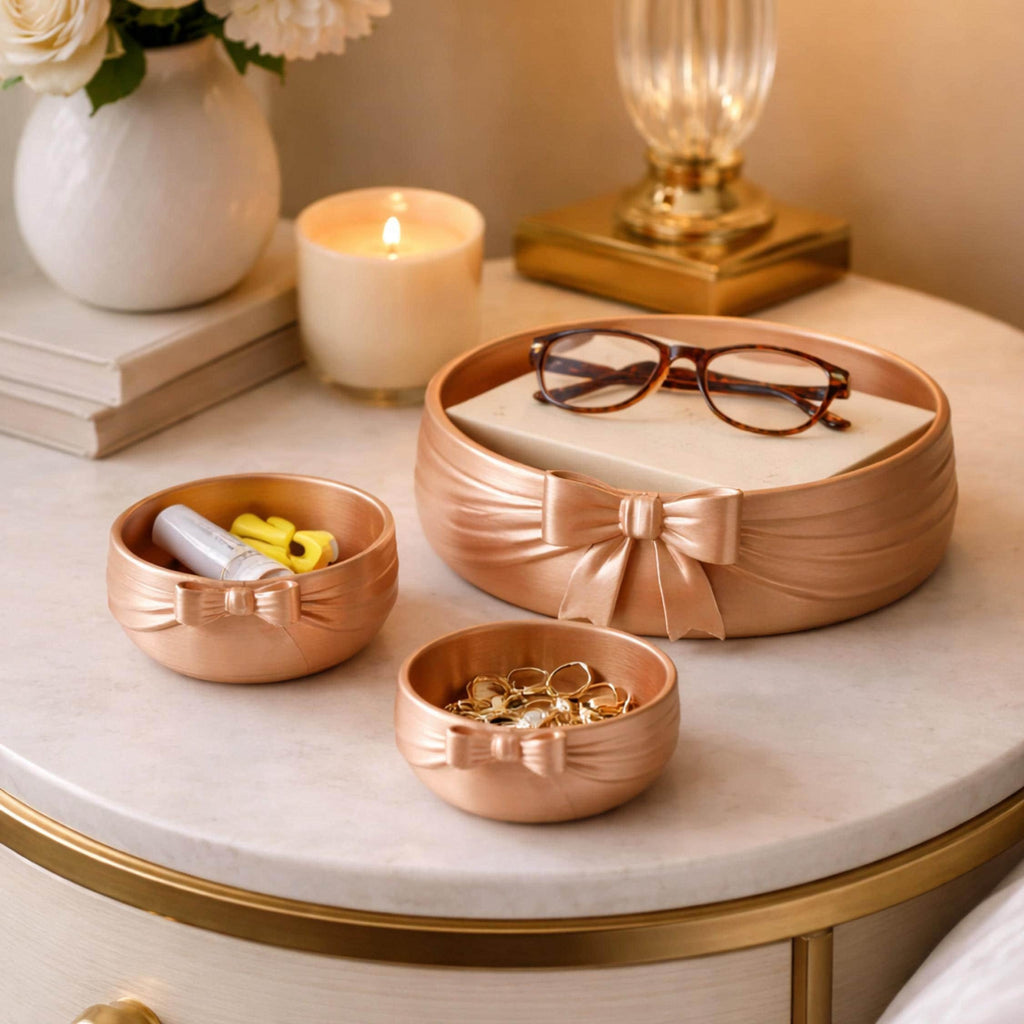 White Vanity Organization Bow Theme Ribbon Design Elegant Bathroom Accessory Set Girl Bedroom Decor Display Coffee Table Collection Spa Bath