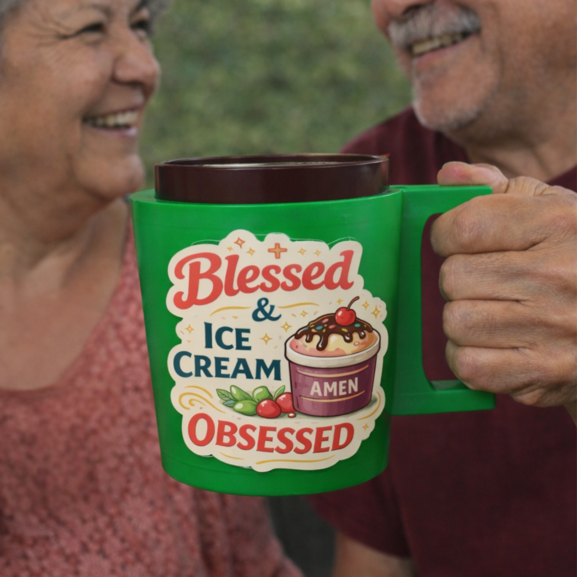 Personal Ice Cream Pint Holder | Adult Grip Handle, Spoon Slot & Vinyl Sticker Options