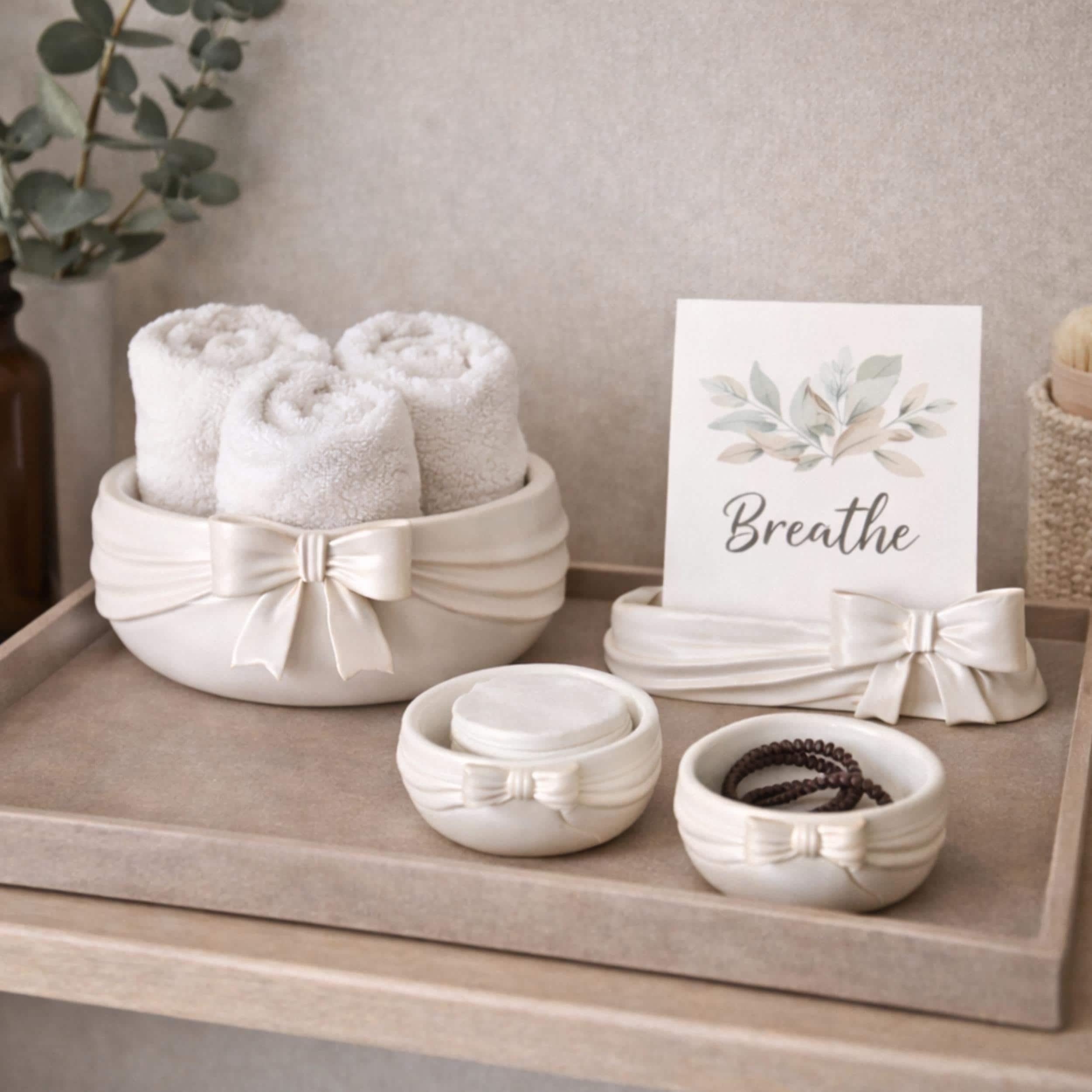White Vanity Organization Bow Theme Ribbon Design Elegant Bathroom Accessory Set Girl Bedroom Decor Display Coffee Table Collection Spa Bath