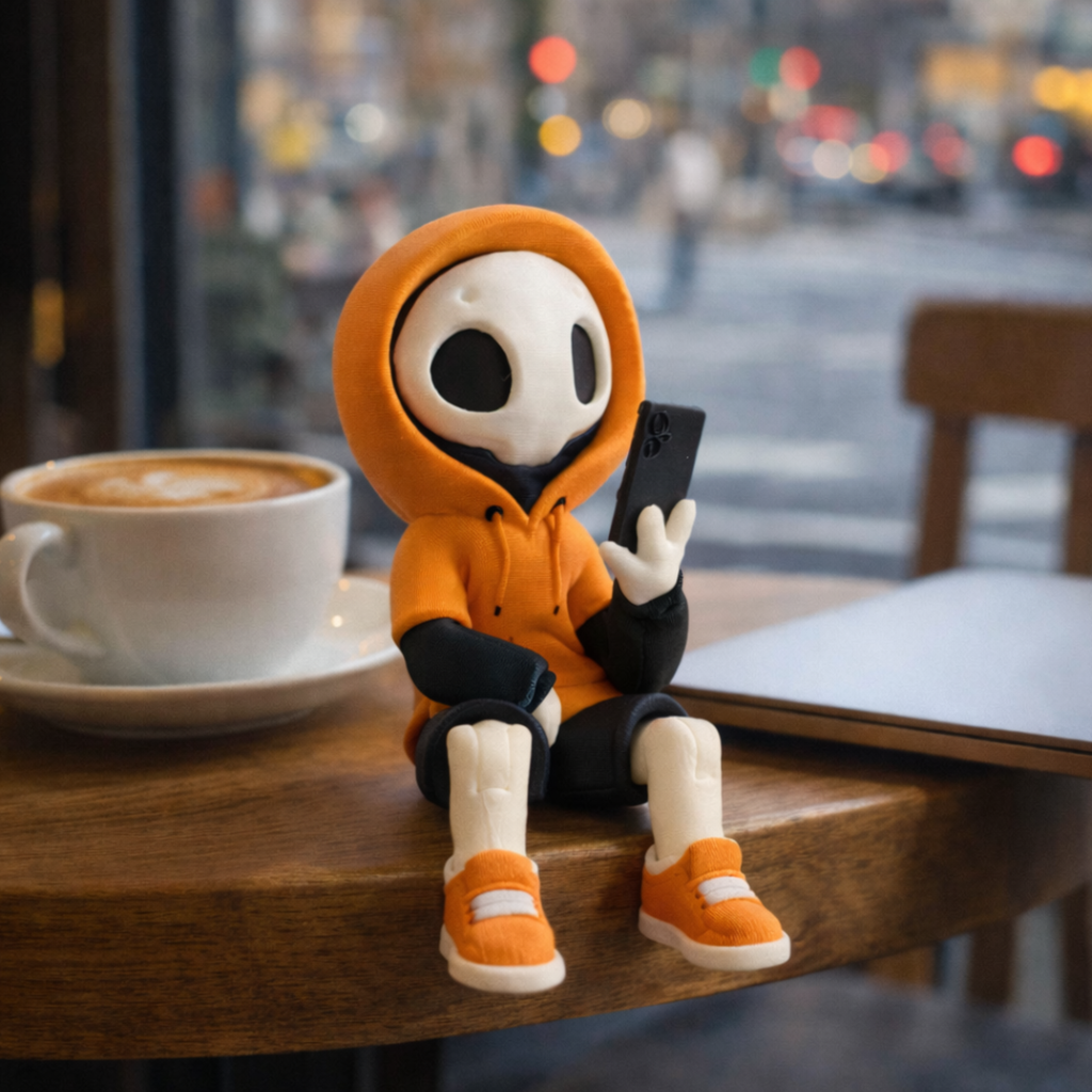 Articulated Desk Toy Phone Addict Figure Decoration Shelf Sitter Tech Humor Gift Idea Modern Accessory Office Decor Minimalist Design Hazy