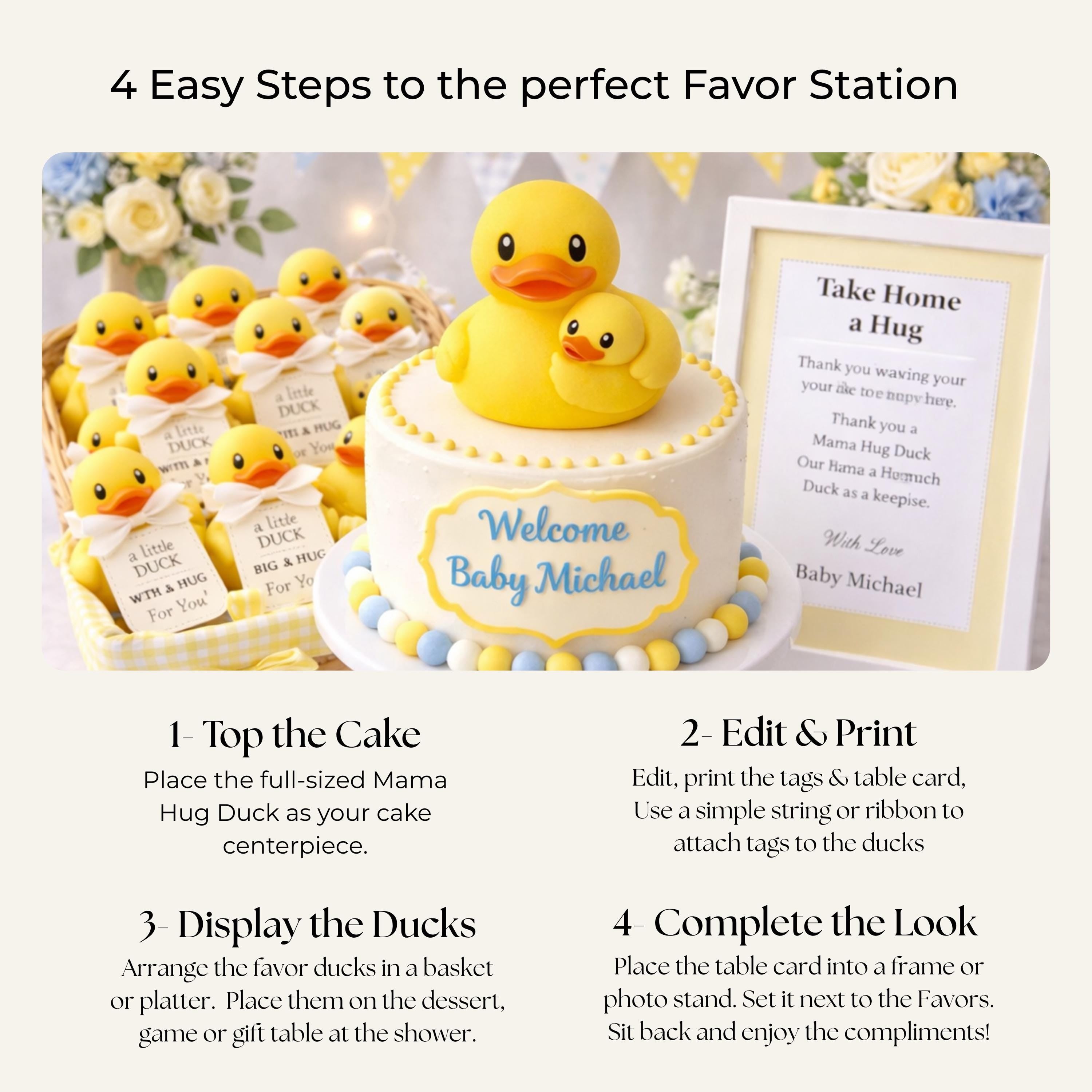 Duck Baby Shower Decoration Set | 1 Mama Duck Cake Topper + 10 Mini Duckling Favors & Digital Templates