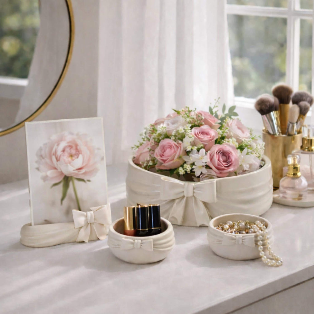 White Vanity Organization Bow Theme Ribbon Design Elegant Bathroom Accessory Set Girl Bedroom Decor Display Coffee Table Collection Spa Bath