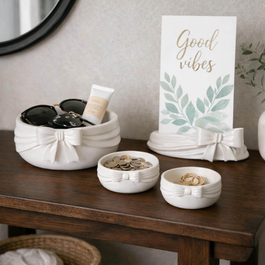 Bow Ribbon Home Decor Set | Table Centerpiece, Photo Holder & Organizer