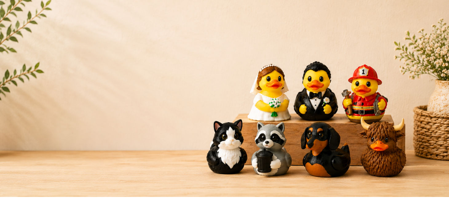 Collection of small 3D printed duck figurines on a wooden shelf with a neutral background
