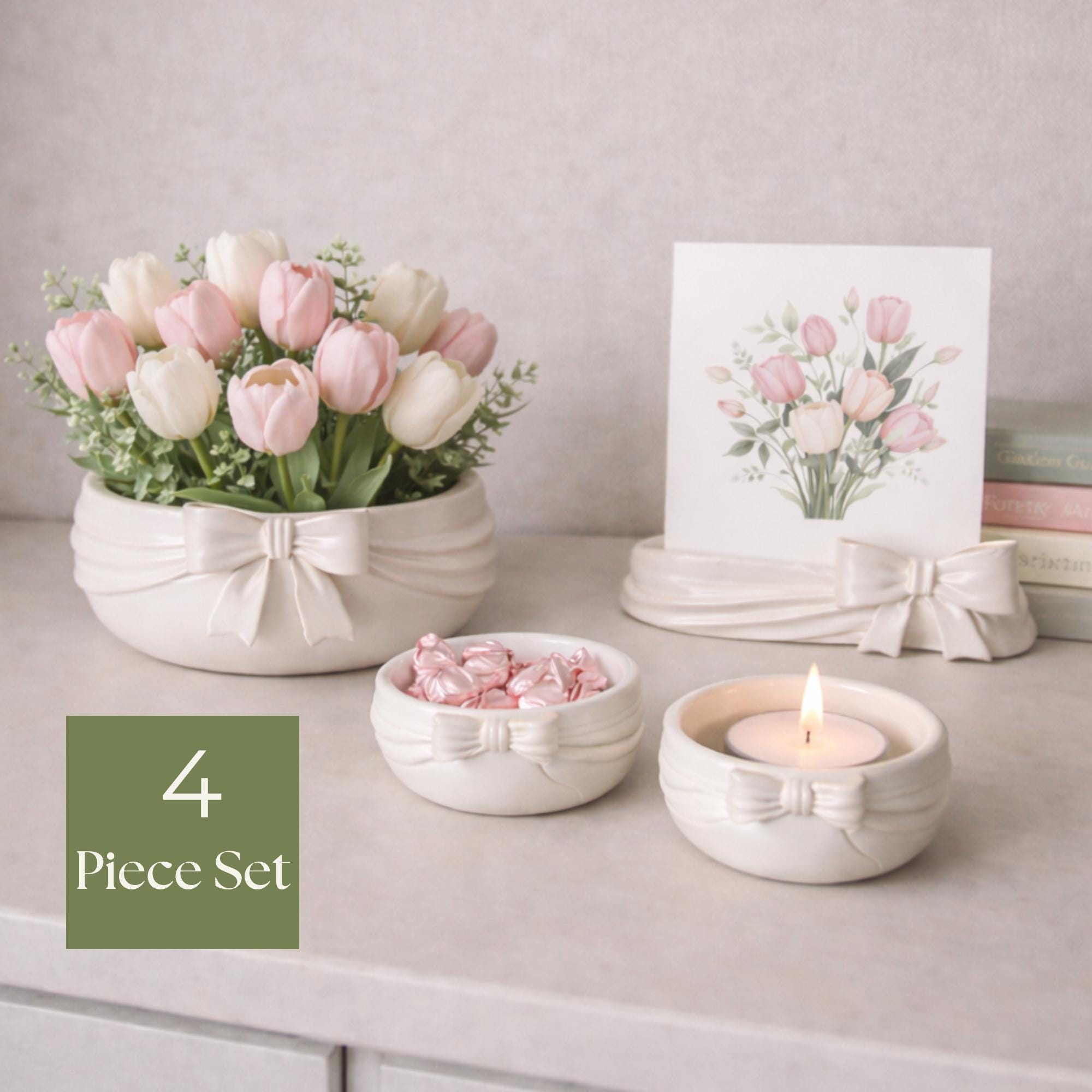 Bow Ribbon Home Decor Set | Table Centerpiece, Photo Holder & Organizer