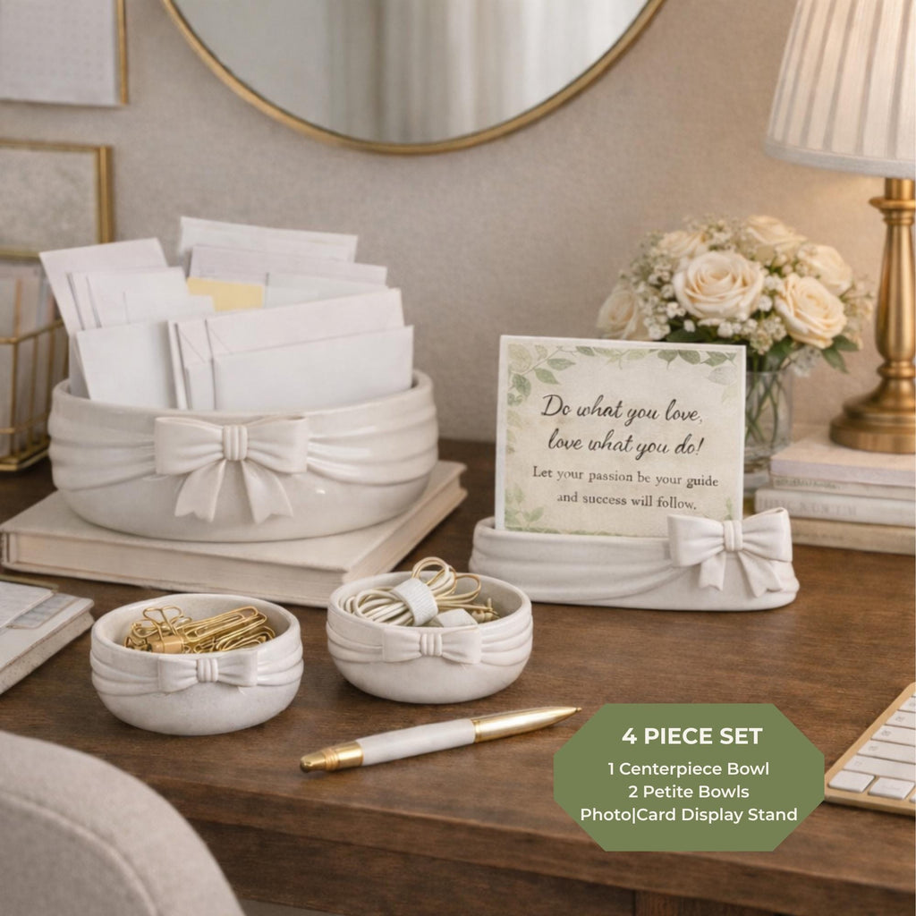 Bow Ribbon Home Decor Set | Table Centerpiece, Photo Holder & Organizer