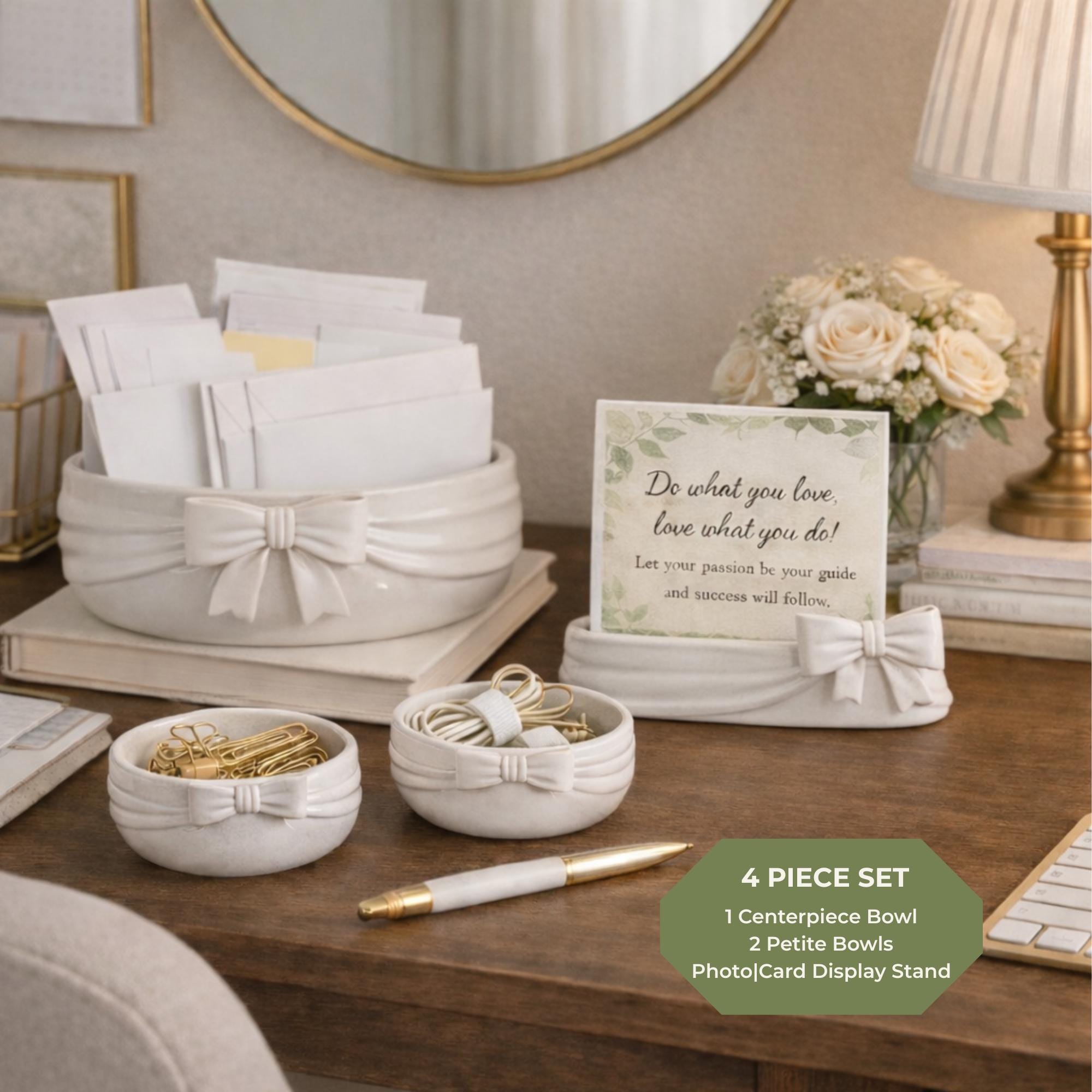 Bow Ribbon Home Decor Set | Table Centerpiece, Photo Holder & Organizer
