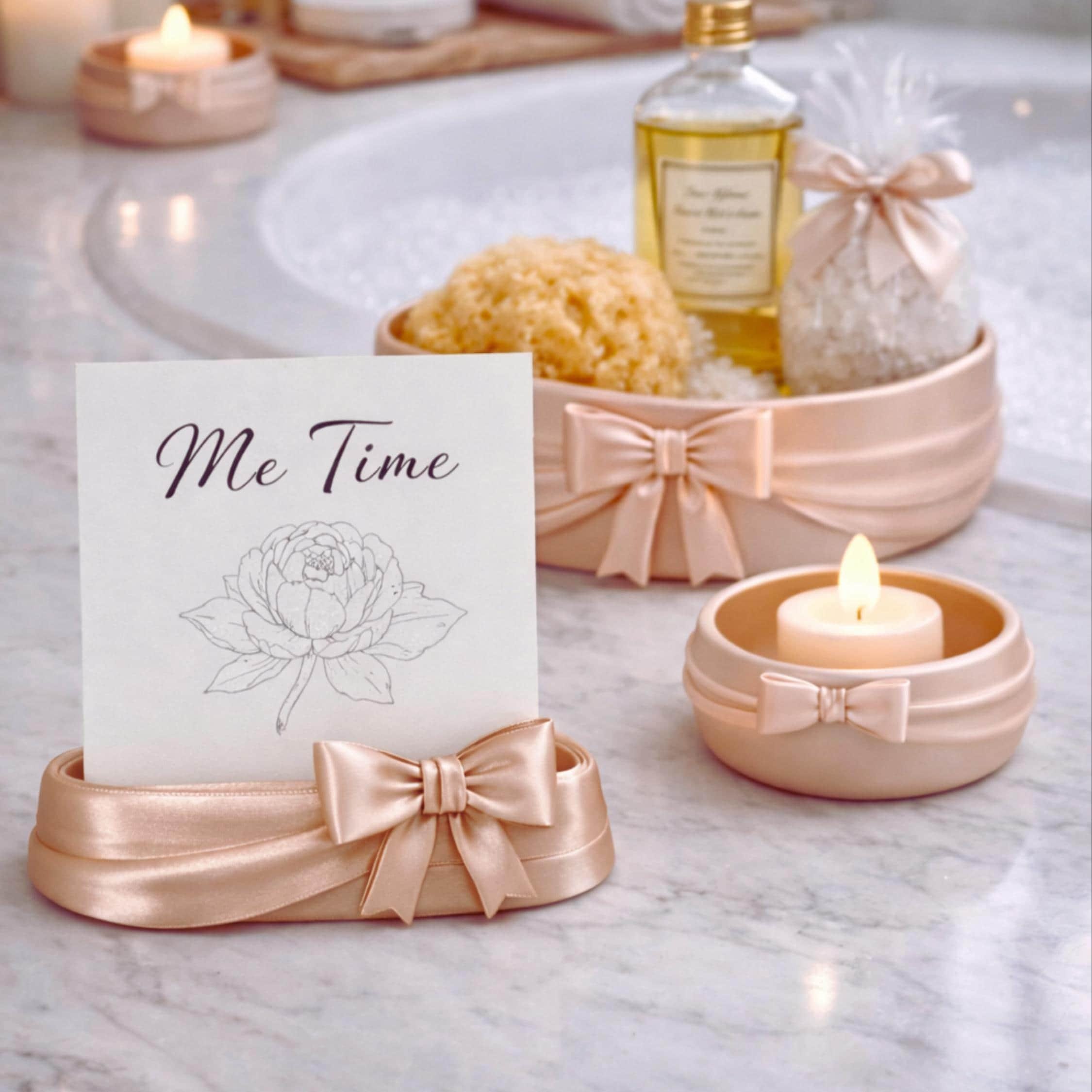 White Vanity Organization Bow Theme Ribbon Design Elegant Bathroom Accessory Set Girl Bedroom Decor Display Coffee Table Collection Spa Bath