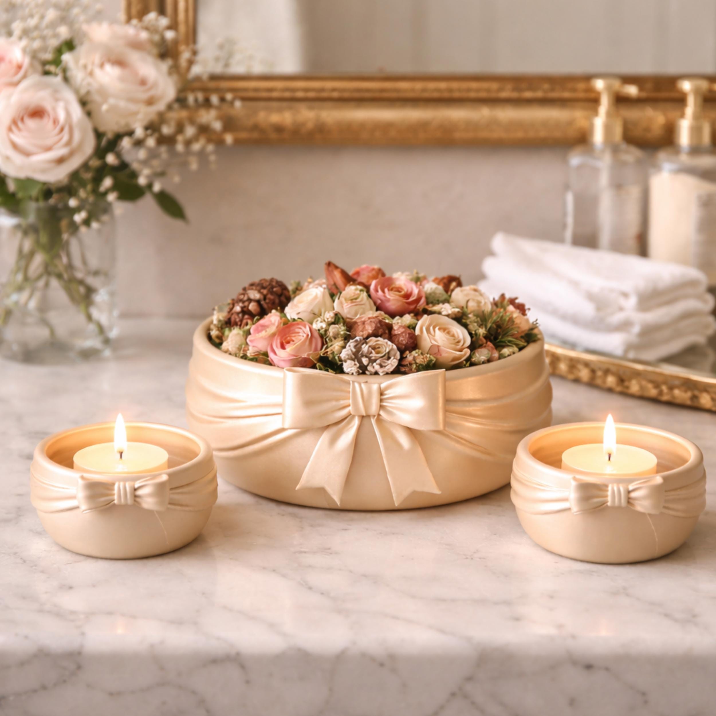 Bow Ribbon Home Decor Set | Table Centerpiece, Photo Holder & Organizer