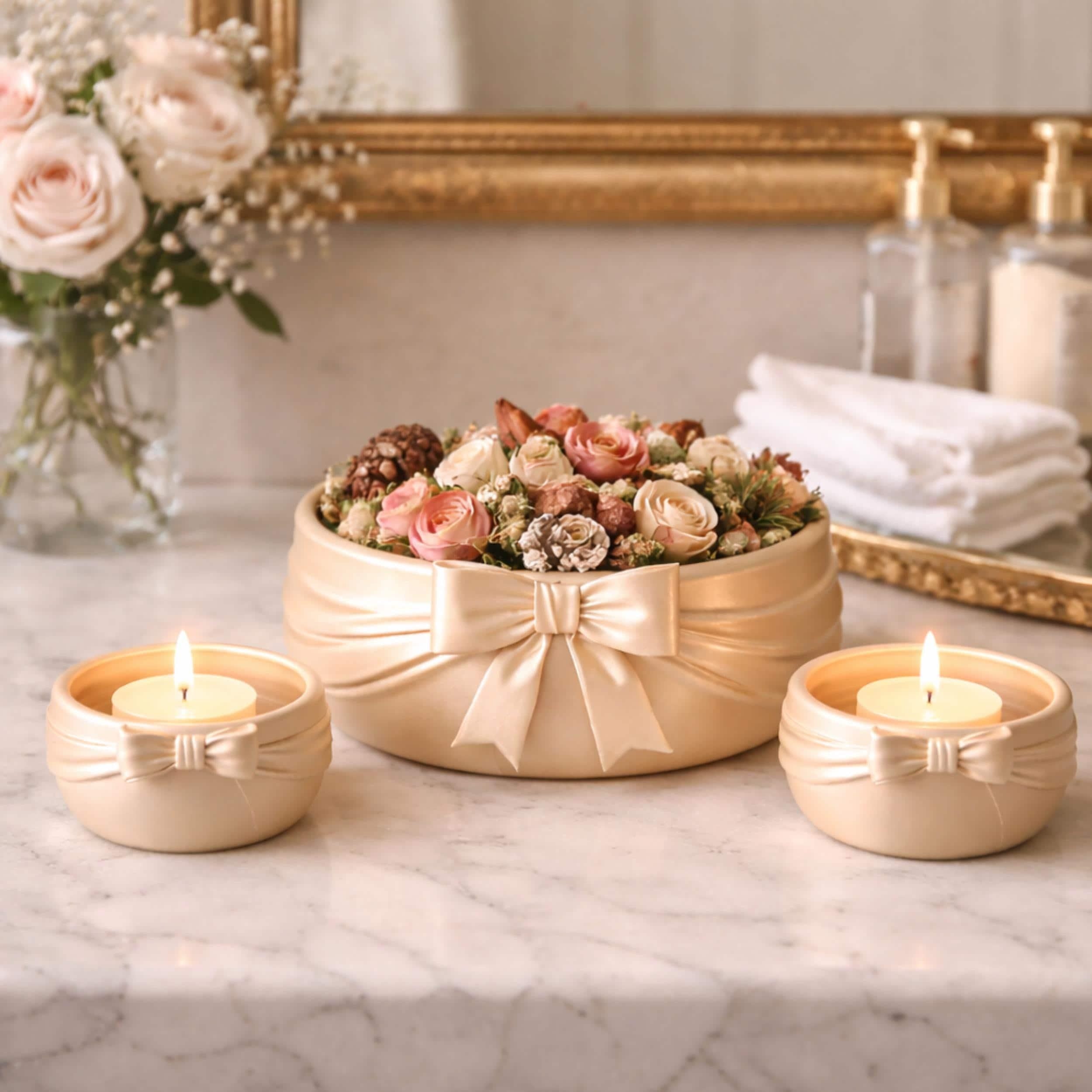 White Vanity Organization Bow Theme Ribbon Design Elegant Bathroom Accessory Set Girl Bedroom Decor Display Coffee Table Collection Spa Bath