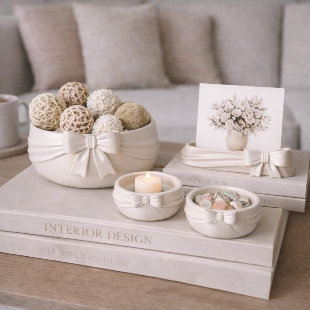 White Vanity Organization Bow Theme Ribbon Design Elegant Bathroom Accessory Set Girl Bedroom Decor Display Coffee Table Collection Spa Bath