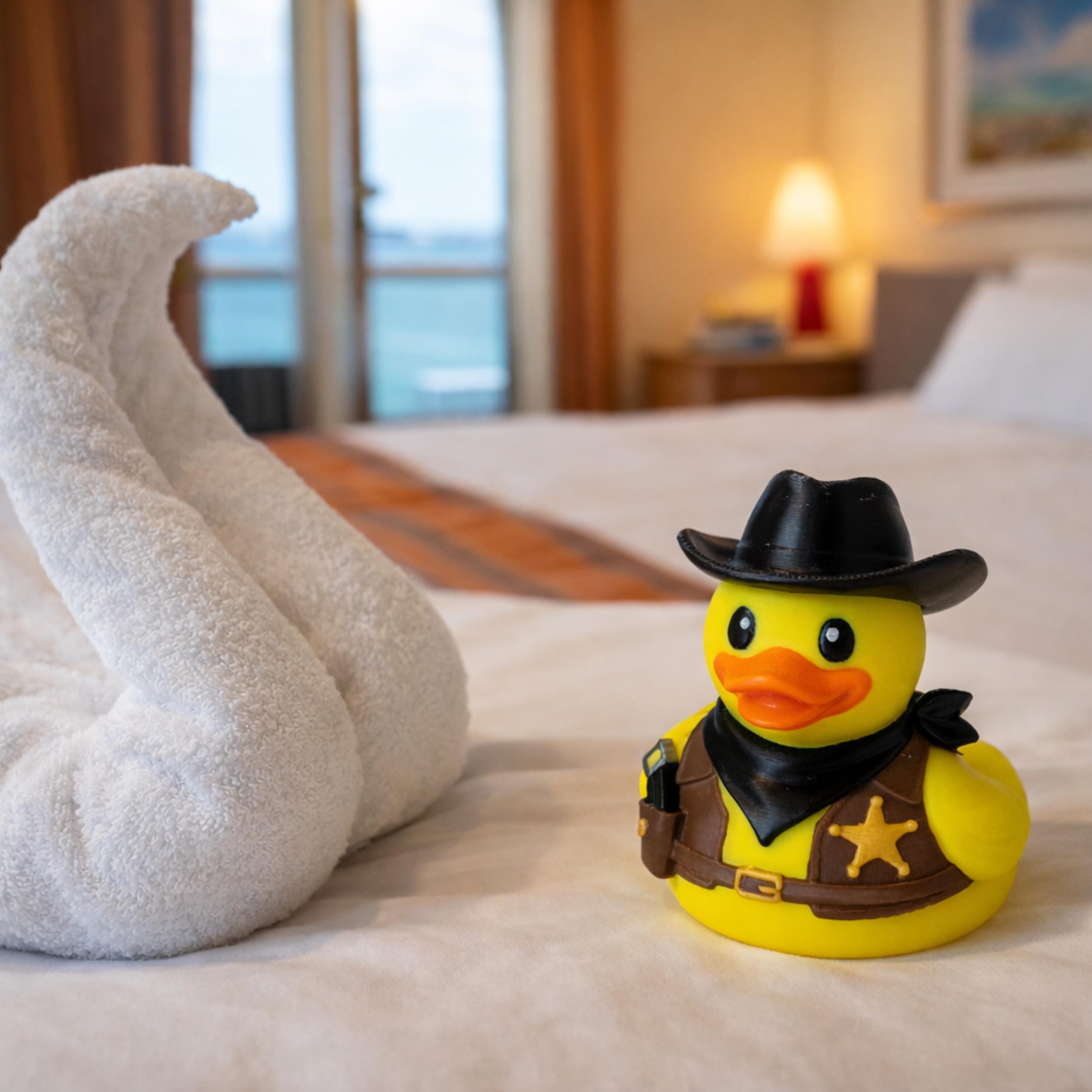 Collectible Cruise Duck Cowboy Sheriff Theme Hide Seek Game Ship Activity Cabin Entertainment Souvenir Rubber Duck Western Style Travel Memory Vacation Fun Sheriff Badge Cowboy Hat Game Piece Cruise Adventure Passenger Entertainment Novelty