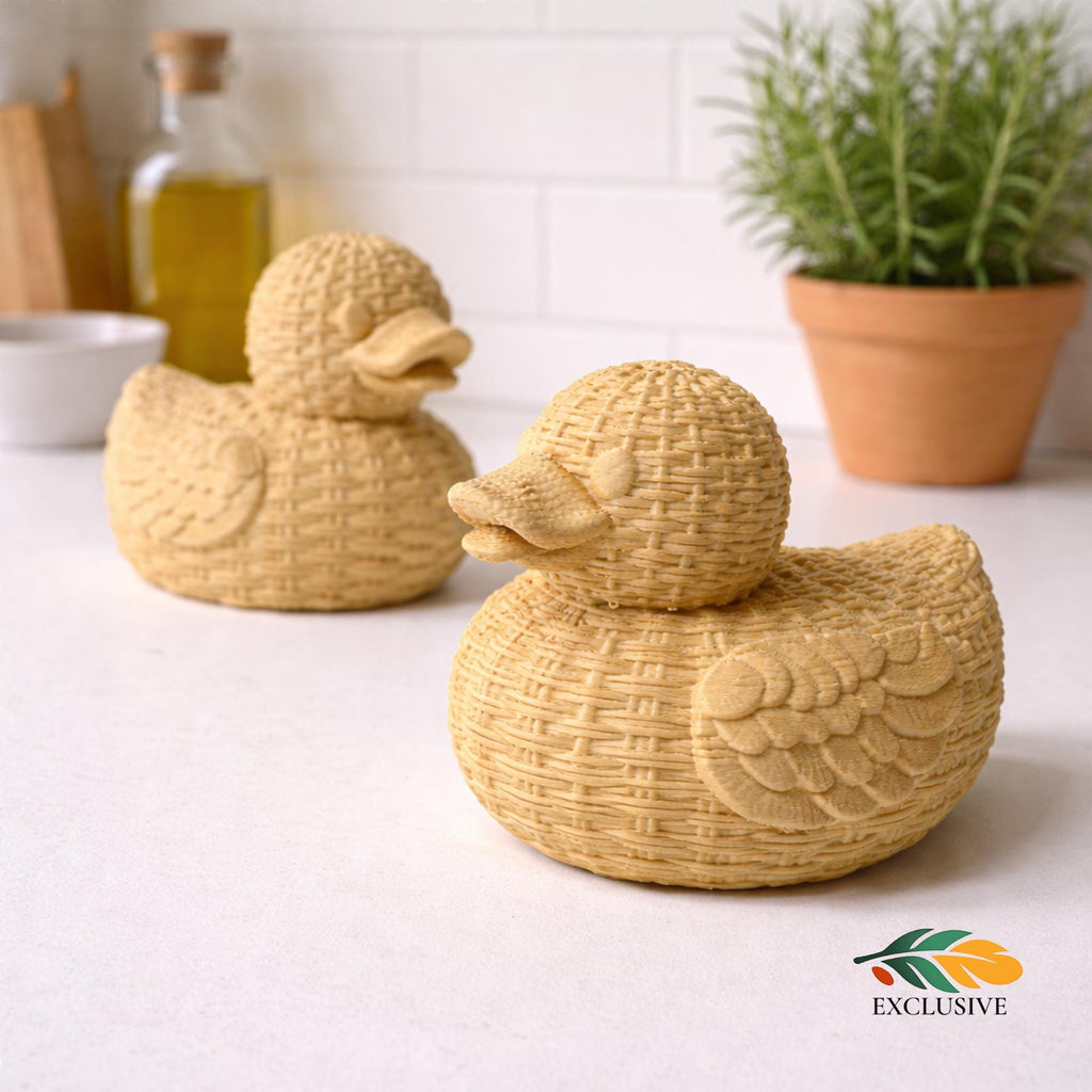 Nursery Shelf Decoration Wicker Duck Figurine Boho Animal Accent Baby Room Styling Neutral Gender Gift Farmhouse Woodland Theme Basket Weave Texture Handcrafted Quality Rustic Design Reading Nook Vanity Accent Minimalist Style Baby Shower