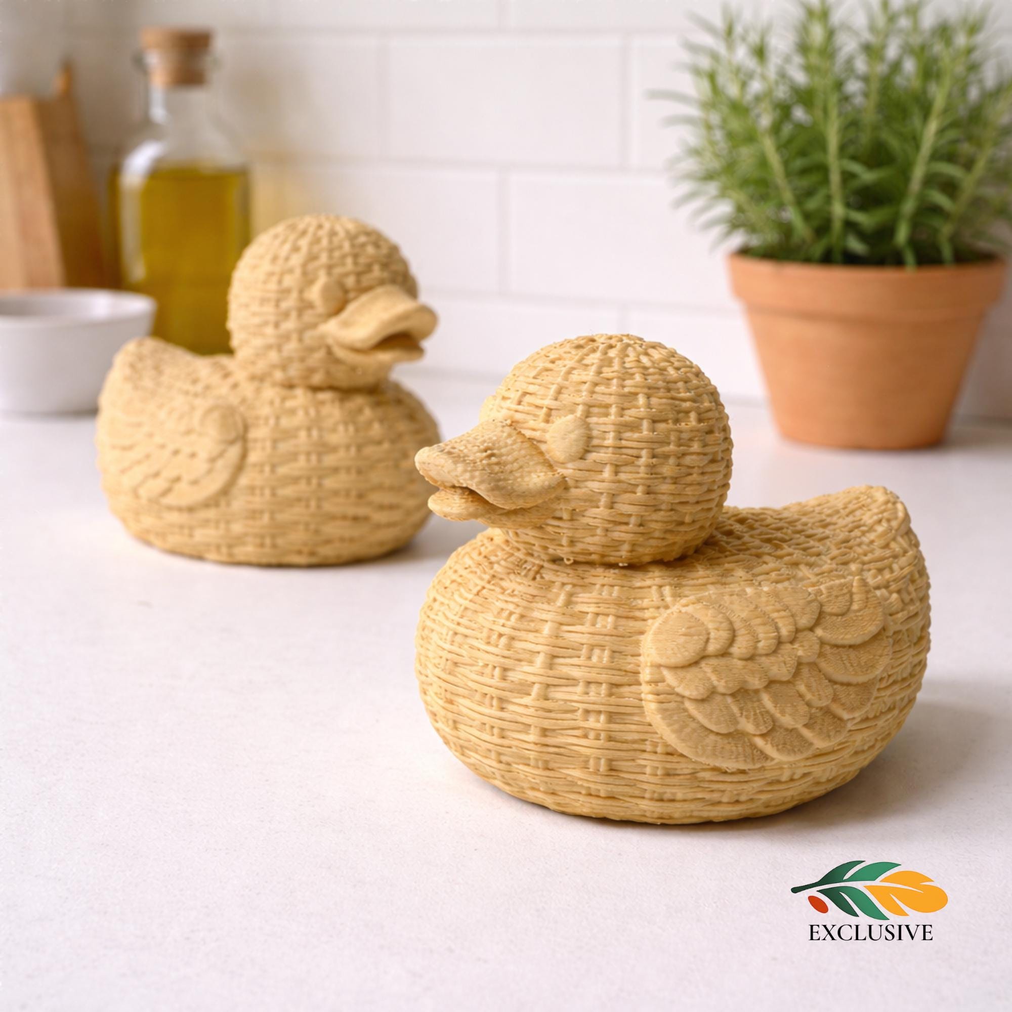 Nursery Shelf Decoration Wicker Duck Figurine Boho Animal Accent Baby Room Styling Neutral Gender Gift Farmhouse Woodland Theme Basket Weave Texture Handcrafted Quality Rustic Design Reading Nook Vanity Accent Minimalist Style Baby Shower