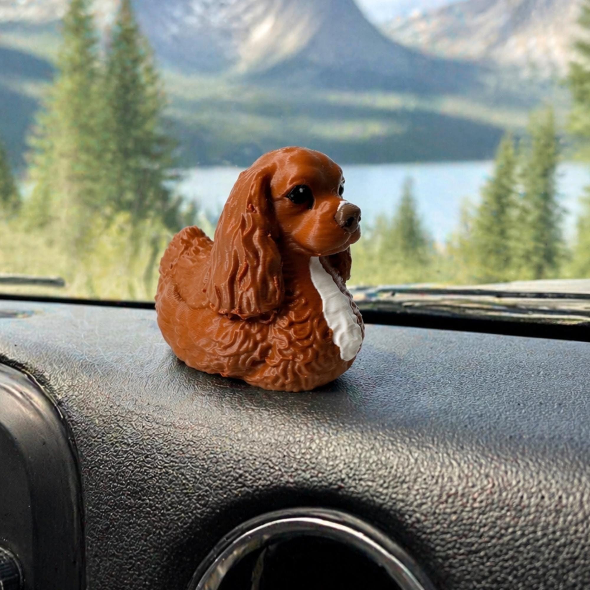 Jeep Ducking Collection Cocker Spaniel Dashboard Figurine Dog Breed Collectible Pet Memorial Tribute Keepsake Floppy Ear Spaniel Design Birthday Gift For Dog Lover Brown Black Color Options Compact Travel Companion Party Favor Present