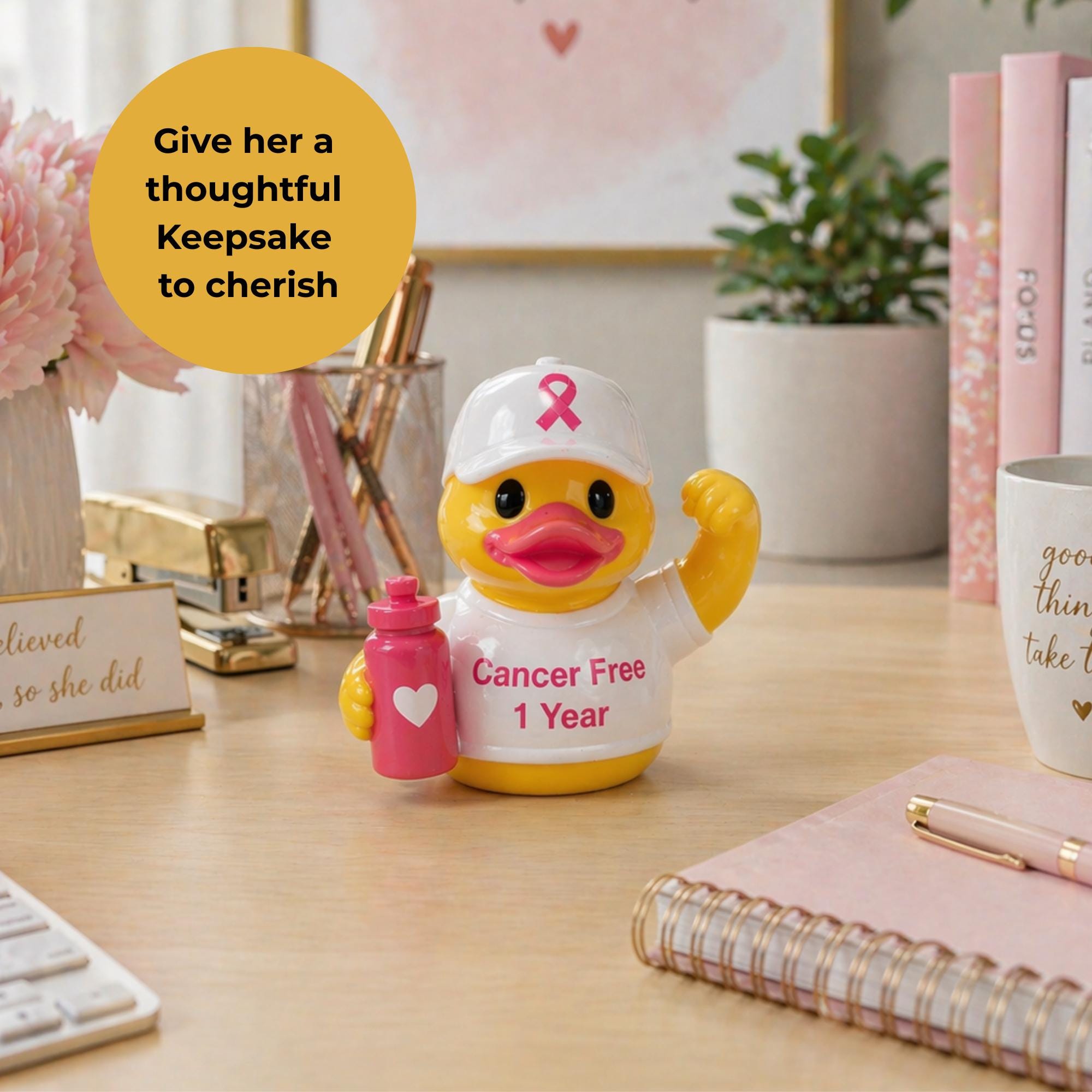 Cancer Fighter Encouragement Gift Personalized Name Duck Treatment Support Present Breast Cancer Awareness Pink Ribbon Figurine Survivor Strength Token Dashboard Ornament Vehicle Display Show Support Awareness Campaign Charity Fundraiser