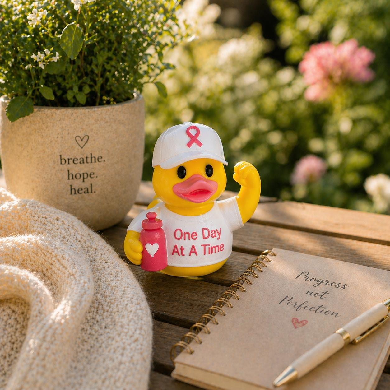 Rubber Duck Figurine Dashboard Display Breast Cancer Awareness Design Pink Ribbon Customizable Name Personalized Cancer Survivor Gift Vehicle Ornament Encouragement Present Treatment Support Fighter Strength Token Show Awareness Campaign