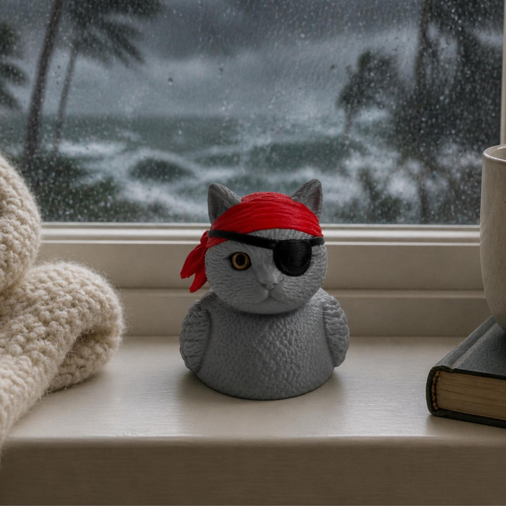 Vacation Travel Souvenir Pirate Cat Rubber Duck Cruise Ship Ducking Game Token Gray Kitty Collectible Black Eye Patch Red Bandana Design Animal Lover Gift Novelty Desk Companion Nautical Theme Figurine Cruise Traveler Present Whimsical