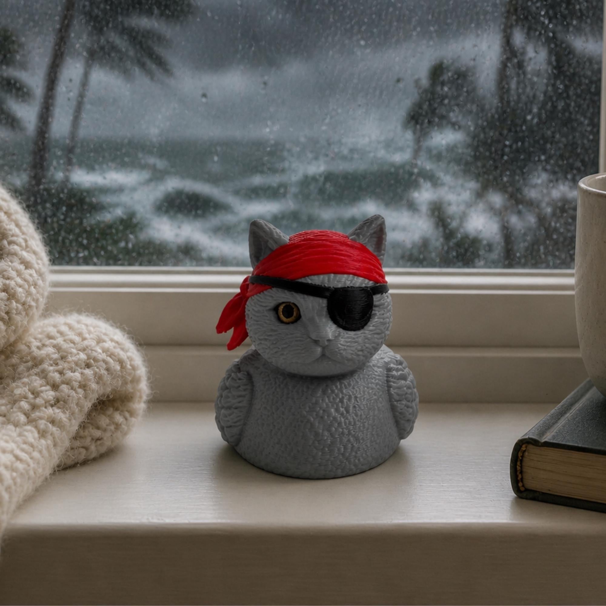 Vacation Travel Souvenir Pirate Cat Rubber Duck Cruise Ship Ducking Game Token Gray Kitty Collectible Black Eye Patch Red Bandana Design Animal Lover Gift Novelty Desk Companion Nautical Theme Figurine Cruise Traveler Present Whimsical
