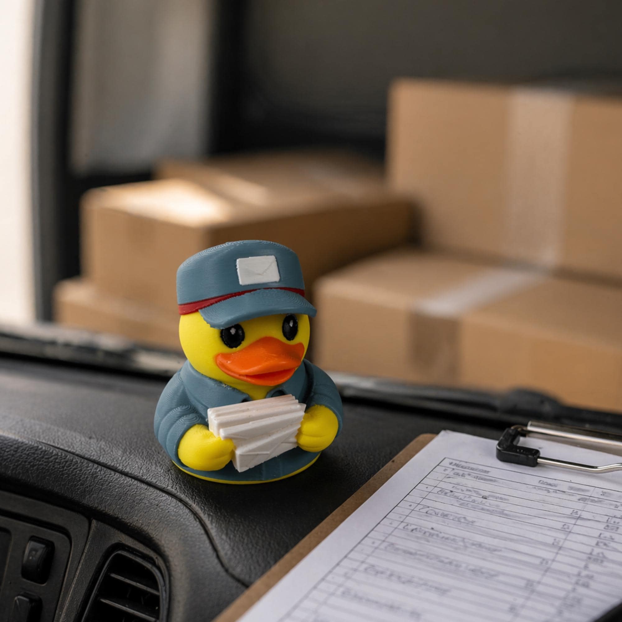 Rubber Duck Postal Worker Figurine Novelty Mail Carrier Gift Dashboard Companion Desk Decoration Blue Uniform Postal Cap Letter Stack Collectible Item Employee Appreciation Gift Retirement Present For Letter Carrier Postal Service