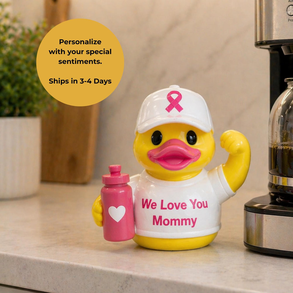 Personalized Cancer Support Gift Customizable Name Duck Figurine Breast Cancer Awareness Pink Ribbon Design Survivor Encouragement Present Treatment Fighter Strength Token Dashboard Display Vehicle Ornament Show Support Awareness Campaign