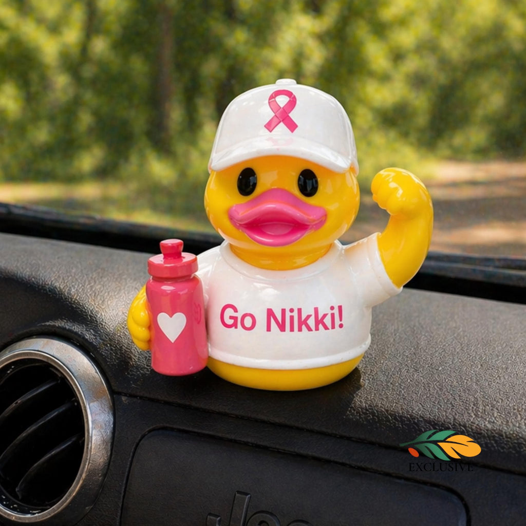 Breast Cancer Awareness Duck Rubber Figurine Pink Ribbon Design Customizable Name Personalized Gift Cancer Survivor Support Present Dashboard Ornament Vehicle Display Encouragement Token Treatment Fighter Strength Show Support Awareness
