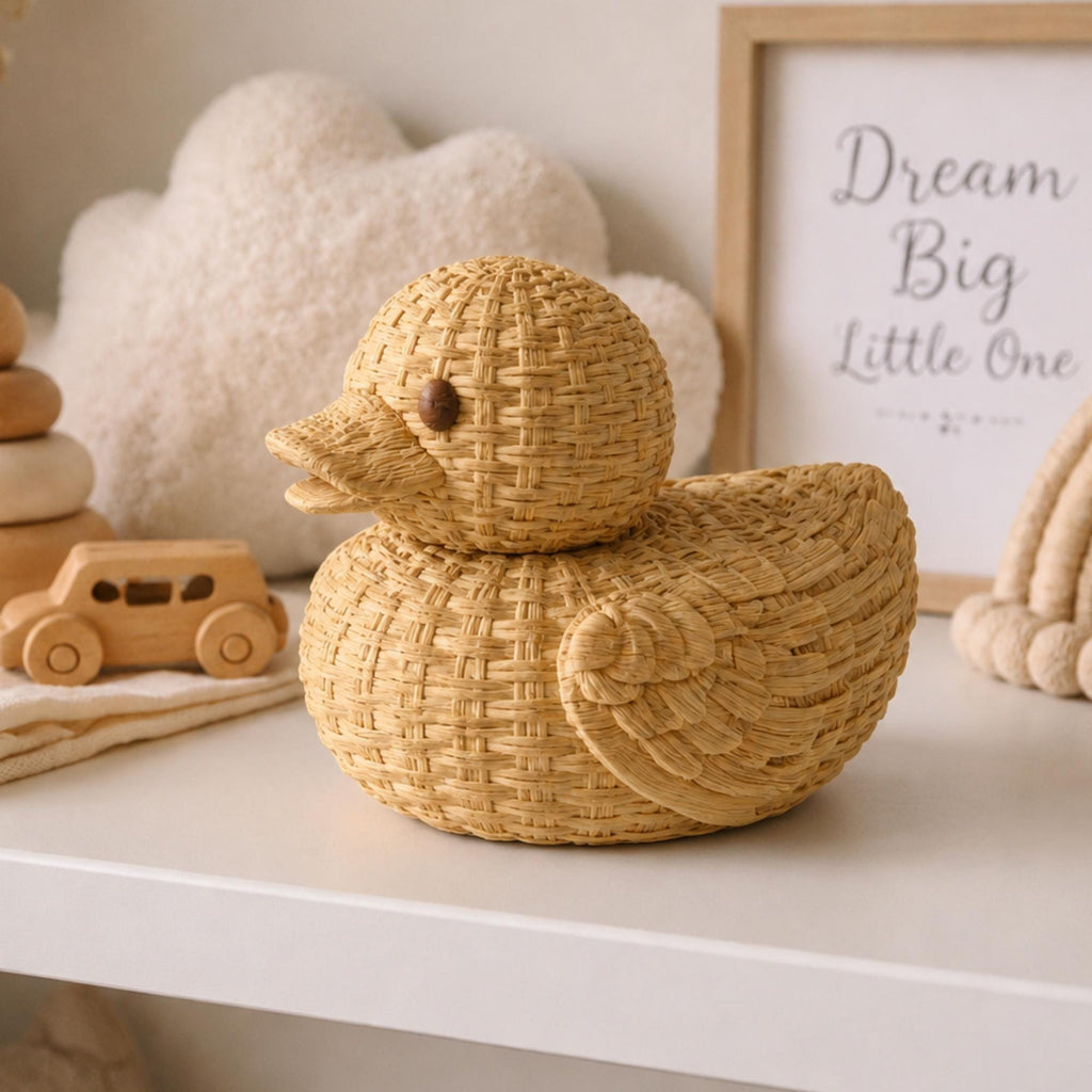 Wicker Duck Nursery Gift Baby Shower Present Neutral Gender Boho Animal Figurine Shelf Decoration Farmhouse Style Basket Weave Texture Handcrafted Quality Woodland Theme Room Reading Nook Accent Vanity Styling Piece Rustic Nursery Item