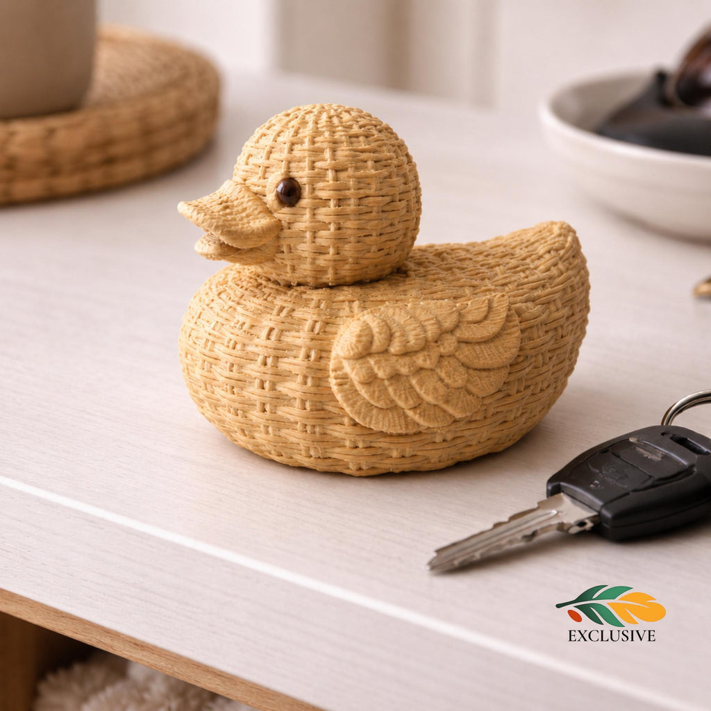 Wicker Duck Rattan Boho 3D Basketweave Texture Natural Material Design Removable Lid Container Small Item Storage Solution Cruise Ducking Gift Exchange Coastal Farmhouse Style Whimsical