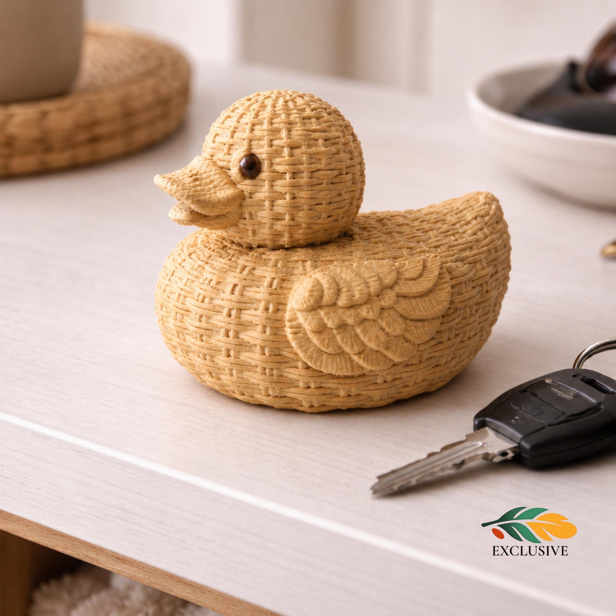 Wicker Duck Rattan Boho 3D Basketweave Texture Natural Material Design Removable Lid Container Small Item Storage Solution Cruise Ducking Gift Exchange Coastal Farmhouse Style Whimsical