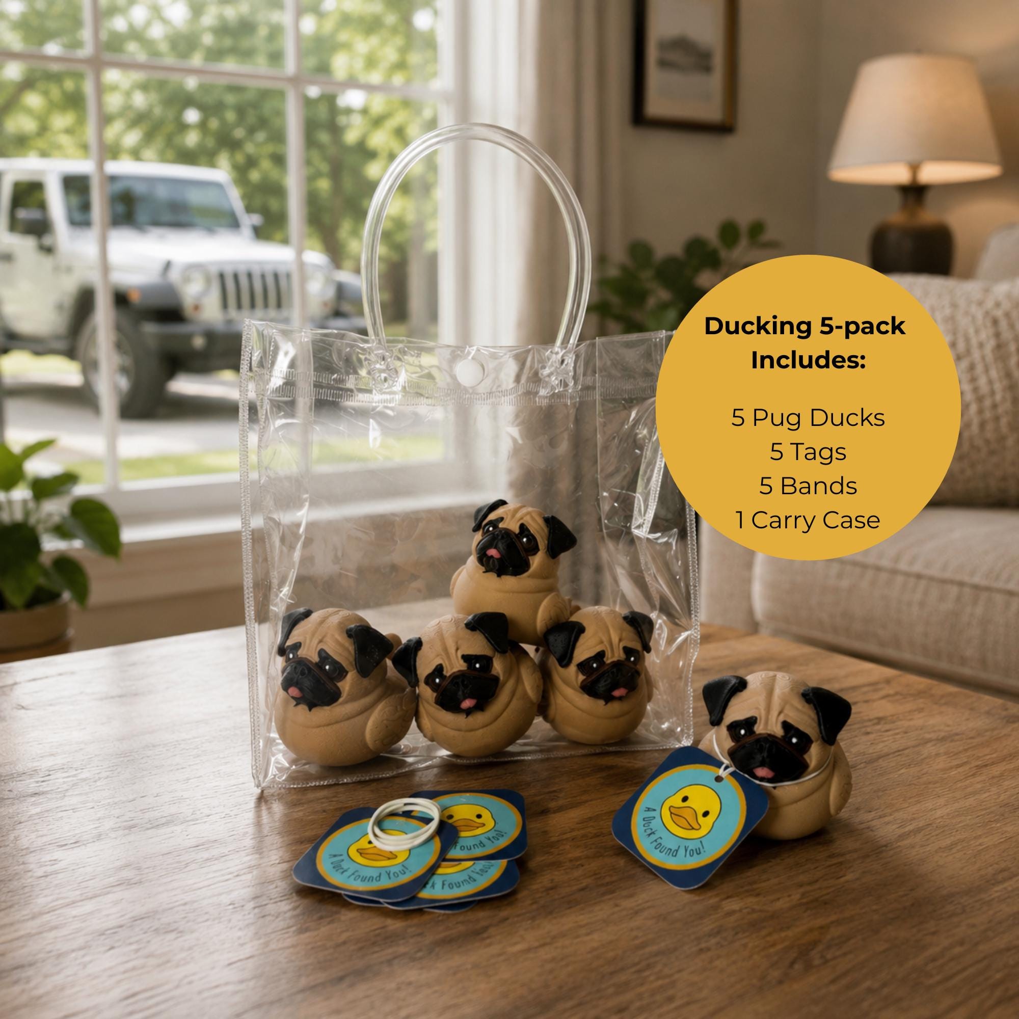 Vehicle Accessory Cute Pug Duck Ornament Handmade Dashboard Decoration Jeep Ducking Gift Collectible Dog Figurine Carved Wooden Construction Trail Surprise Toy Off Road Community Essential Mirror Hanging Decoration 4x4 Enthusiast Present
