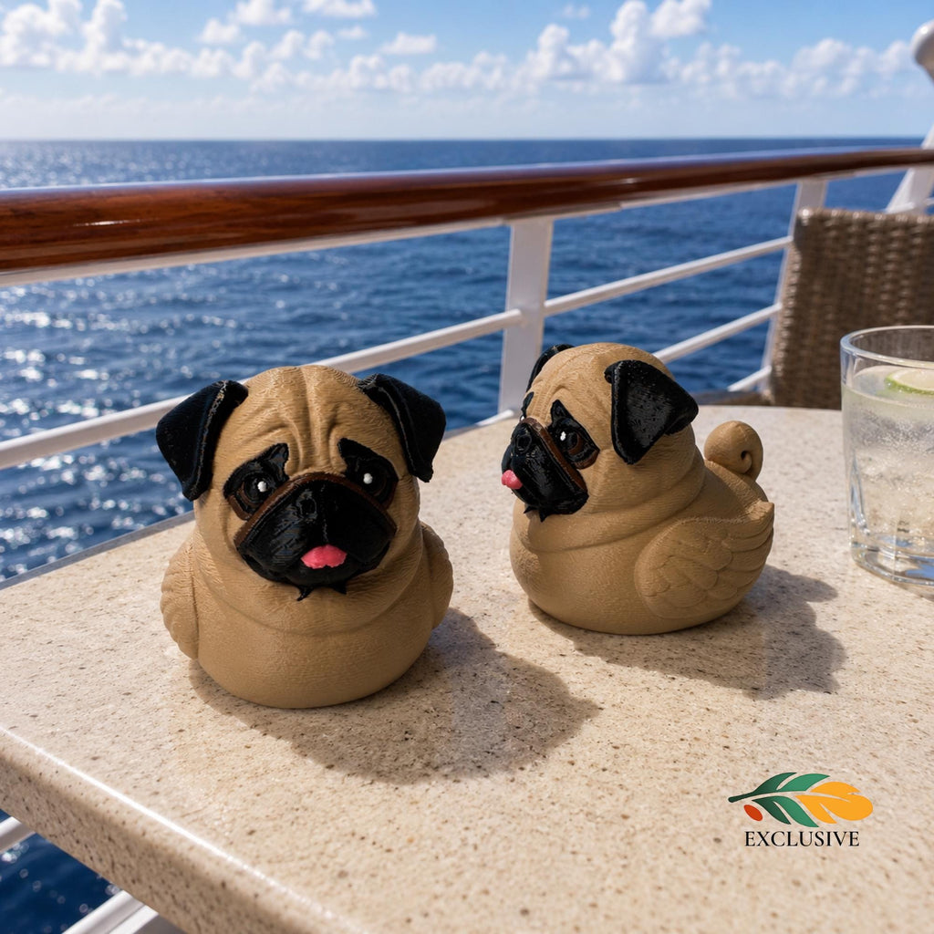 Pug Lover Gift Rubber Duck Design Cruise Vacation Souvenir Novelty Bath Toy Tan Colored Body Black Muzzle Wrinkled Face Folded Ears Pink Tongue Details Perfect Dog Owner Present Nautical Themed Collectible Hide And Seek Ship Game Travel