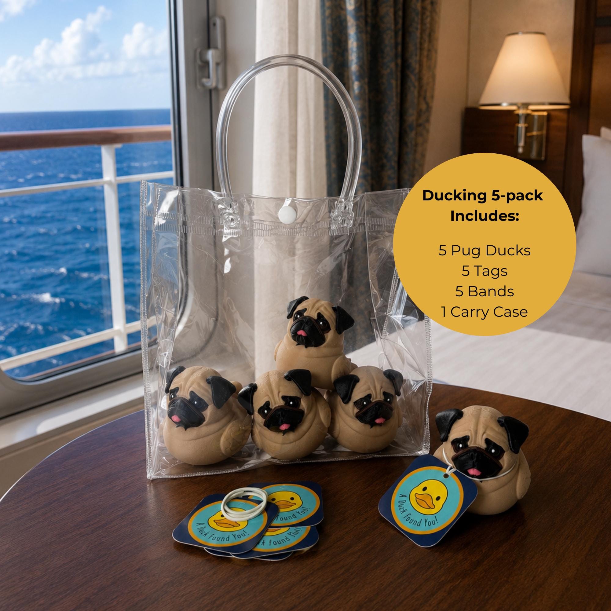 Travel Souvenir Pug Rubber Duck Cruise Ship Gift Novelty Collectible Bath Toy Dog Lover Present Tan Colored Design Black Muzzle Wrinkled Face Folded Ears Perfect Vacation Keepsake Nautical Theme Hide And Seek Game Bathroom Novelty Item Gift