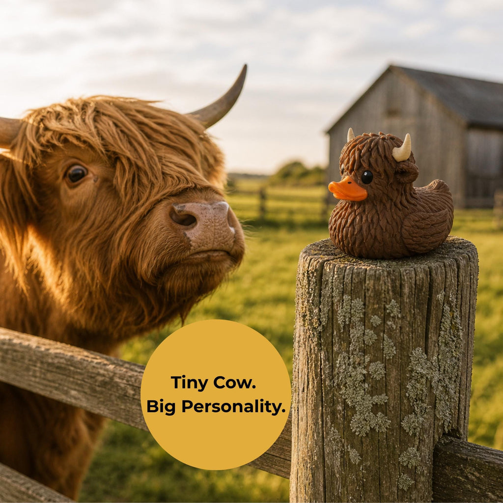 Novelty Highland Cow Duck Collectible Figurine Dashboard Toy Display Scottish Farm Animal Theme Rubber Duck Collection Unique Gift Idea Car Accessory Vehicle Ornament Jeep Tradition Present Adventure Gift Quirky Animal Lover Item Western