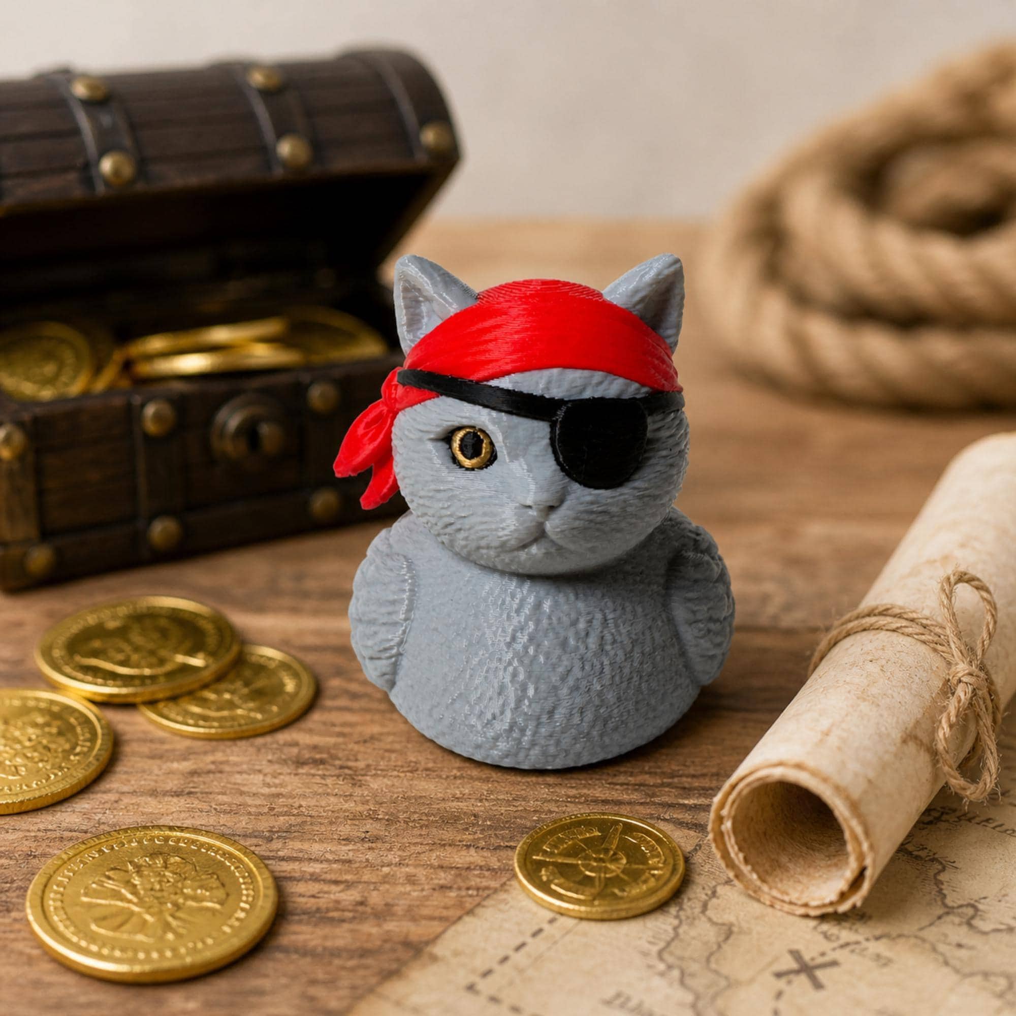 Cruise Ship Ducking Game Token Pirate Cat Rubber Duck Novelty Collectible Gray Tuxedo Kitty Design Black Eye Patch Red Bandana Nautical Theme Vacation Travel Souvenir Animal Lover Gift Cruise Traveler Present Whimsical Desk Companion