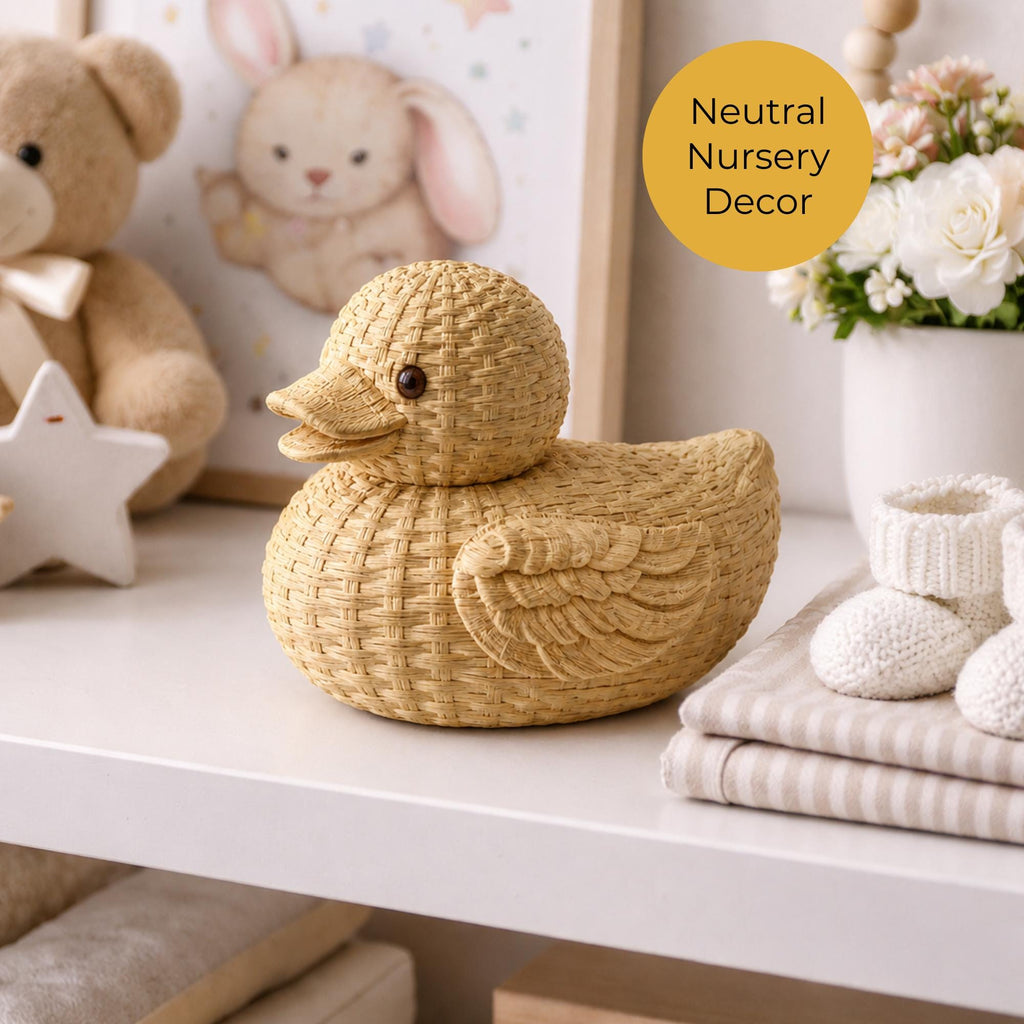 Boho Farmhouse Duck Figurine Wicker Basket Texture Nursery Shelf Decoration Neutral Animal Accent Minimalist Style Baby Room Woodland Theme Design Handcrafted Quality Rustic Ornament Reading Nook Styling Vanity Decoration Baby Shower Gift