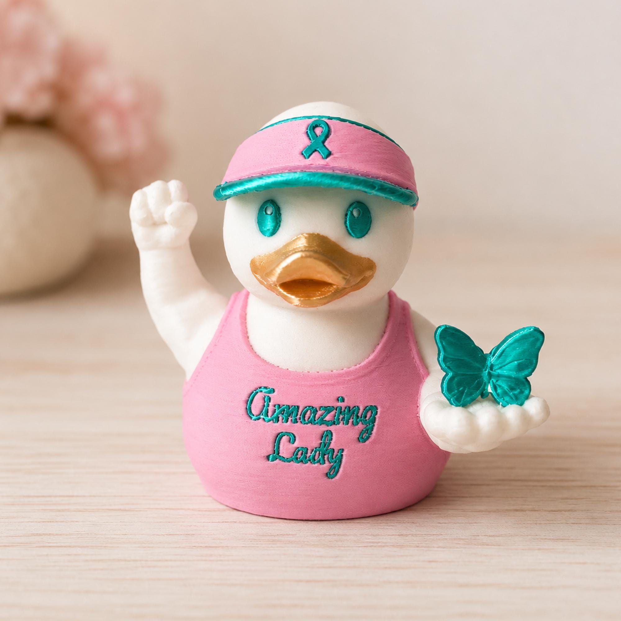 Ovarian Cancer Awareness Duck Collectible Teal Butterfly Figurine Survivor Encouragement Gift Fighter Hope Symbol Amazing Lady Warrior Strength Keepsake Pink Visor Ribbon Design Silk Accent Finish Desk Display Shelf Collectible Caregiver