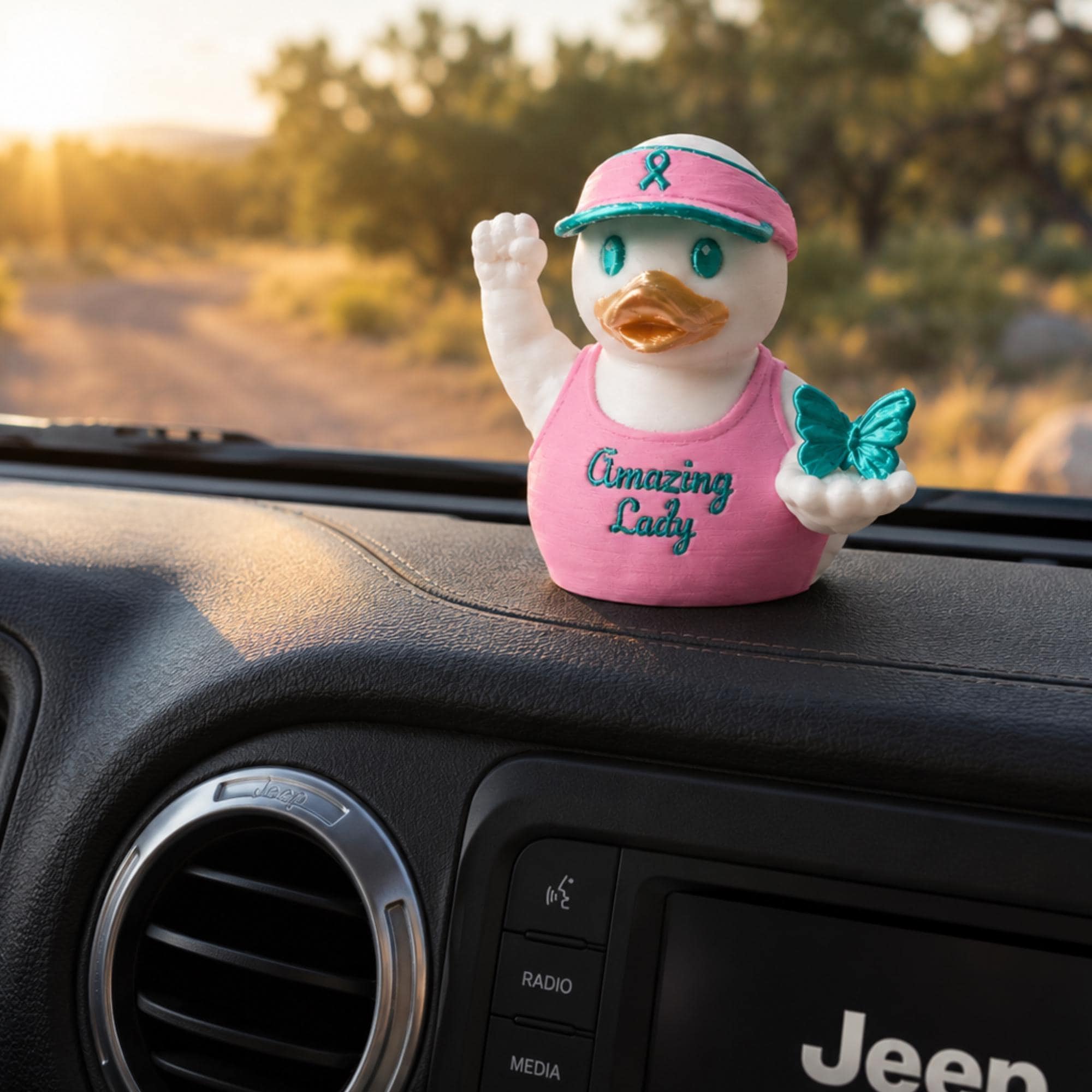 Teal Butterfly Cancer Awareness Gift Collectible Duck Figurine Ovarian Cancer Survivor Encouragement Present Fighter Hope Keepsake Amazing Lady Warrior Symbol Pink Visor Ribbon Design Silk Finish Display Desk Shelf Collectible Caregiver