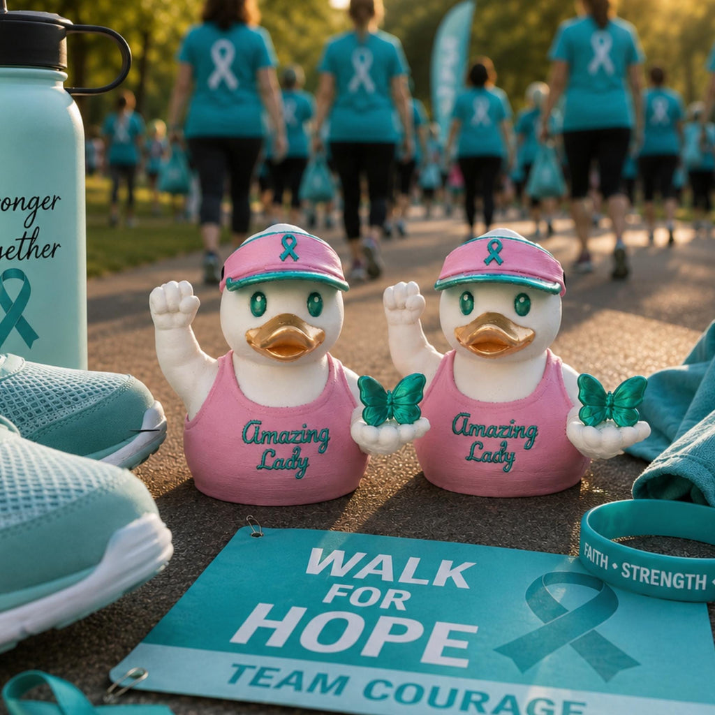 Survivor Encouragement Duck Collectible Ovarian Cancer Awareness Gift Teal Butterfly Accent Women Warrior Strength Fighter Hope Keepsake 3D Printed Figurine Sculpture Pink Ribbon Visor Amazing Lady Support Present Caregiver Appreciation