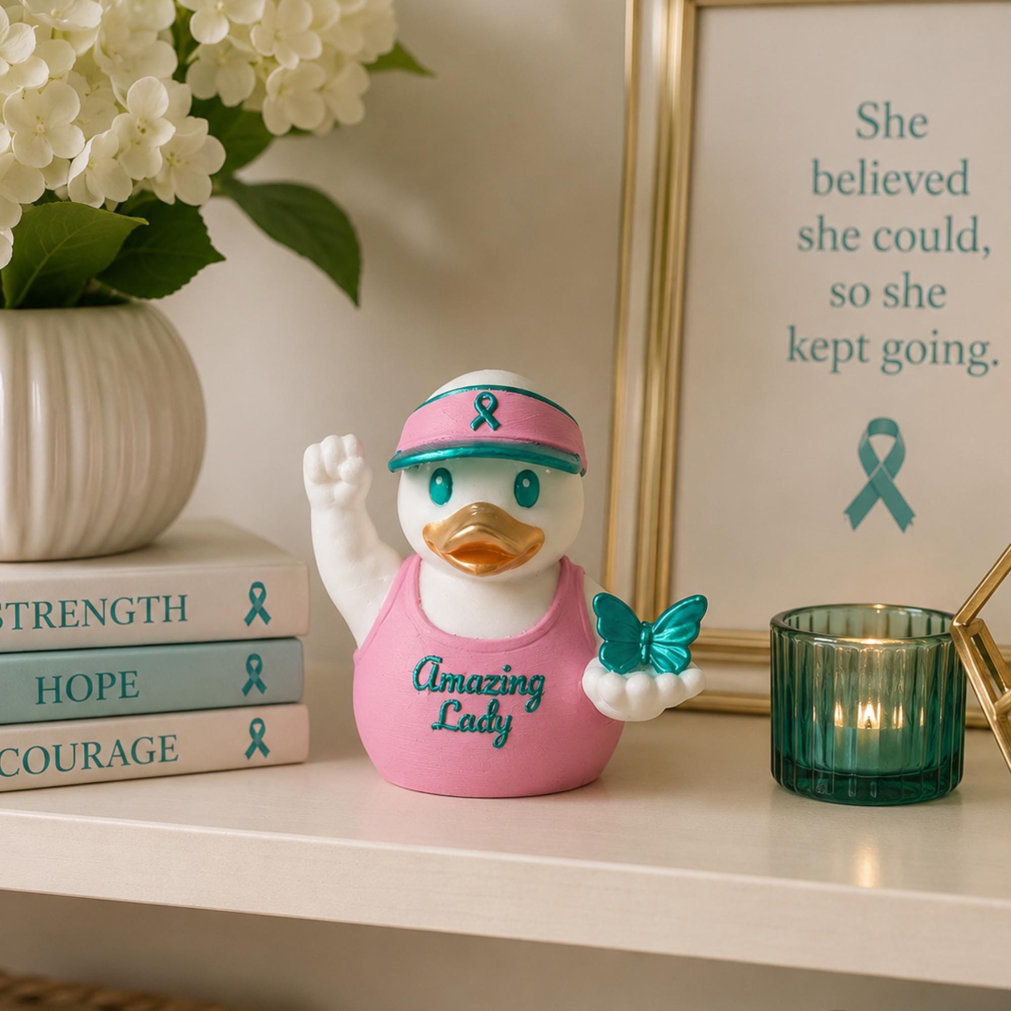 Ovarian Cancer Gift – Teal Butterfly Duck Collectible for Survivors