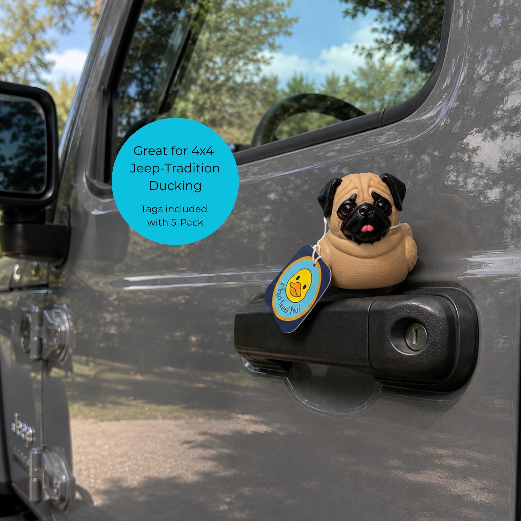 Dashboard Decoration Handmade Pug Duck Ornament Carved Wooden Figurine Jeep Ducking Gift Vehicle Accessory Trail Surprise Toy Off Road Adventure Essential Collectible Dog Theme Hand Painted Details Wrinkle Texture Design Mirror Hanging