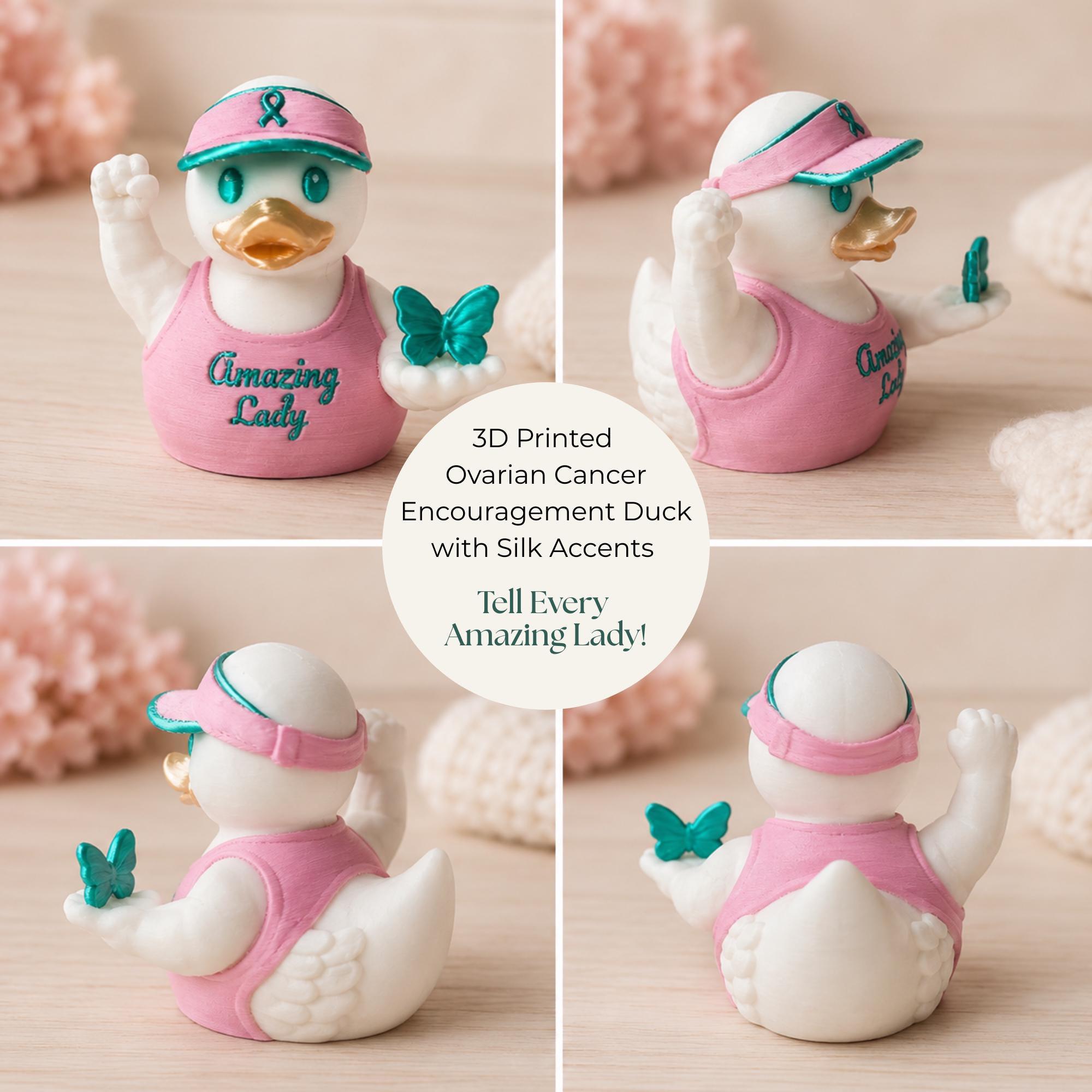 Cancer Survivor Encouragement Gift Teal Butterfly Awareness Duck Collectible Ovarian Cancer Fighter Hope Symbol Amazing Lady Warrior Strength Keepsake Pink Visor Ribbon Figurine Silk Accent Display Desk Shelf Collectible Caregiver