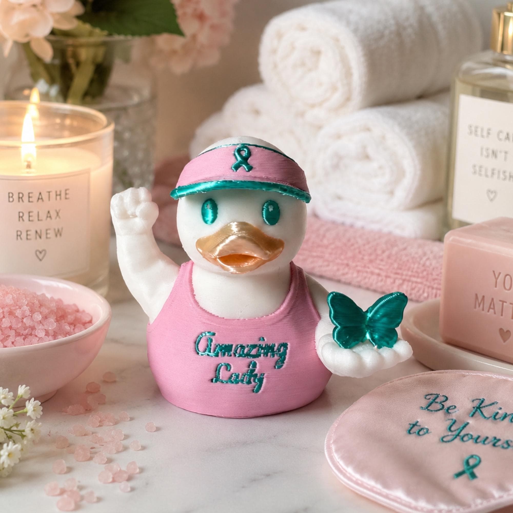Women Warrior Strength Duck Collectible Ovarian Cancer Awareness Gift Teal Butterfly Survivor Encouragement Keepsake Fighter Hope Symbol 3D Printed Sculpture Figurine Pink Visor Ribbon Amazing Lady Support Present Caregiver Appreciation