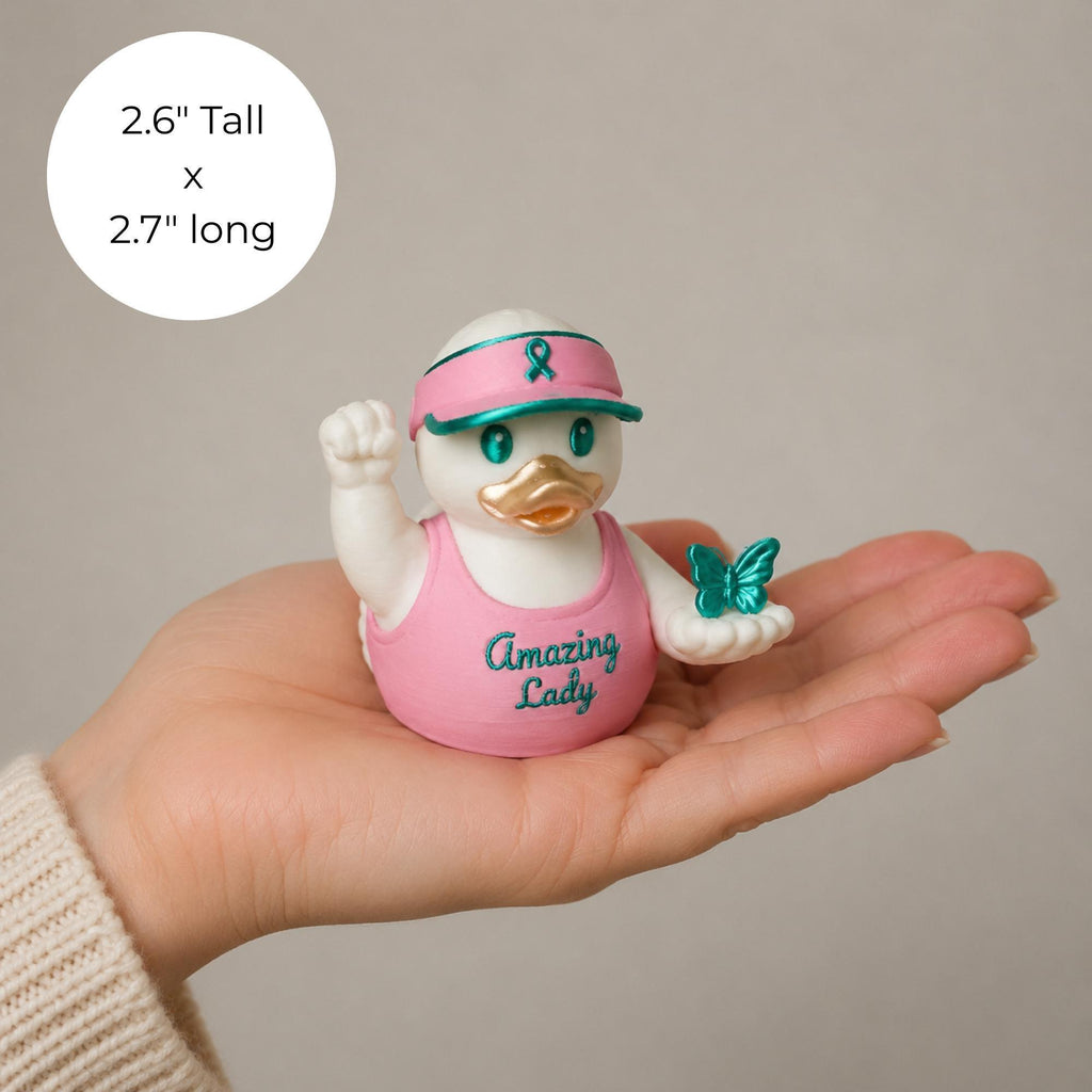Fighter Encouragement Gift Ovarian Cancer Awareness Duck Teal Butterfly Collectible Figurine Survivor Hope Symbol Amazing Lady Warrior Strength Keepsake Pink Visor Ribbon Design Silk Finish Desk Display Shelf Collectible Caregiver