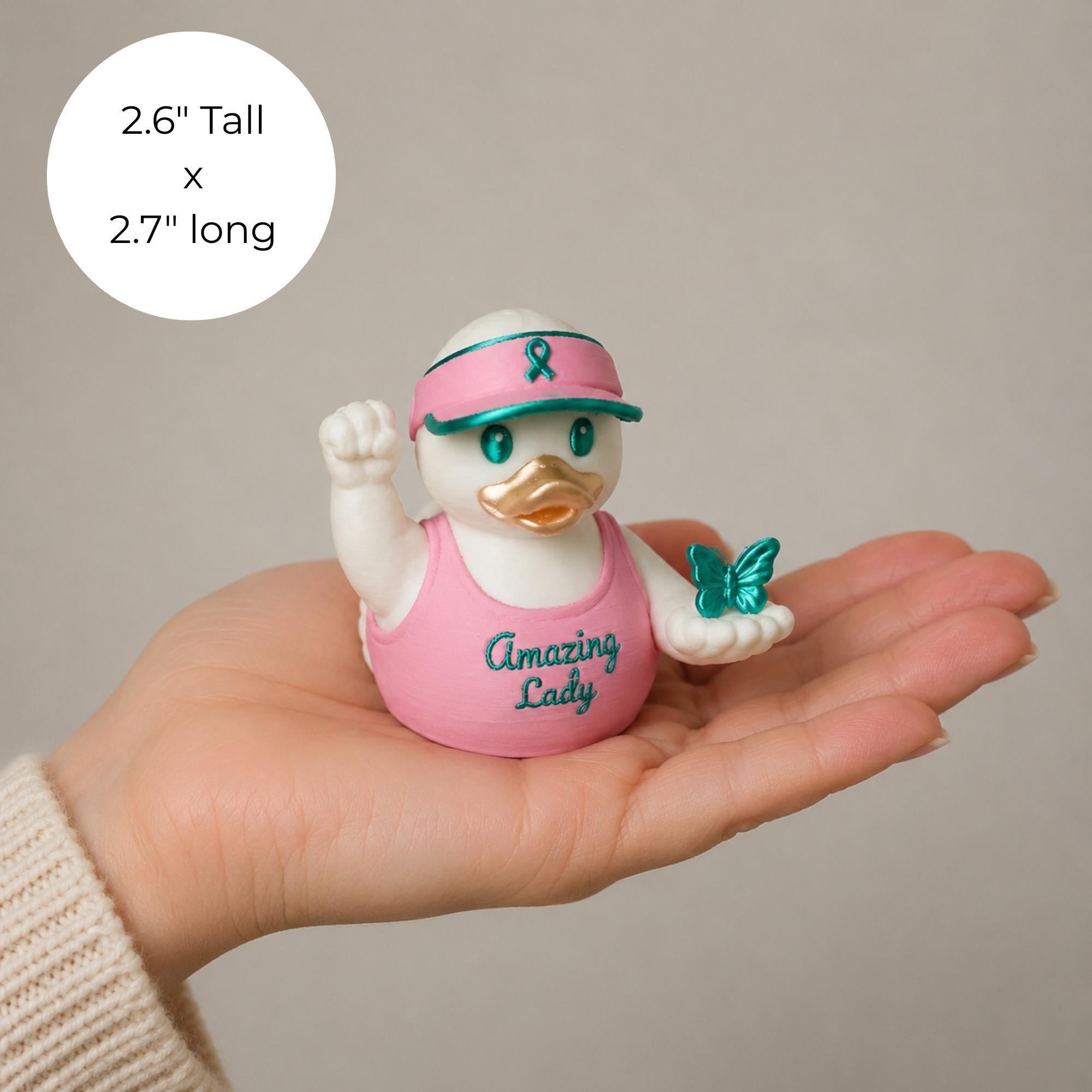 Fighter Encouragement Gift Ovarian Cancer Awareness Duck Teal Butterfly Collectible Figurine Survivor Hope Symbol Amazing Lady Warrior Strength Keepsake Pink Visor Ribbon Design Silk Finish Desk Display Shelf Collectible Caregiver