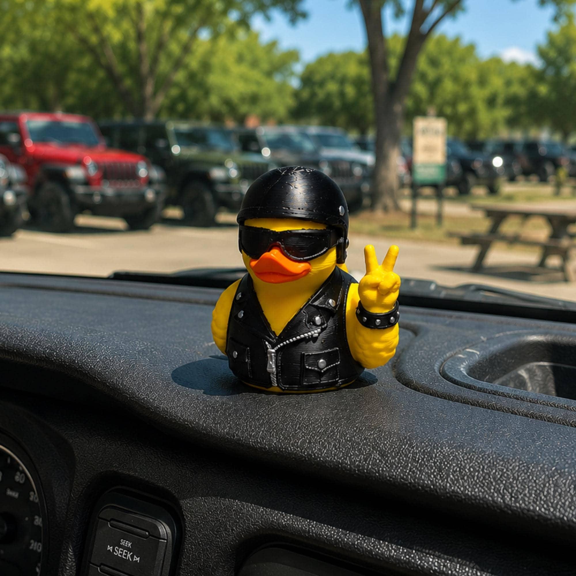 Biker Duck Figurine Collectible Motorcycle Themed Dashboard Display Helmet Design With Sunglasses Black Leather Vest Peace Sign Gesture Novelty Toy For Motorcycle Enthusiast Collection Rider Gift Men Dashboard Ornament Desk Display Man Cave