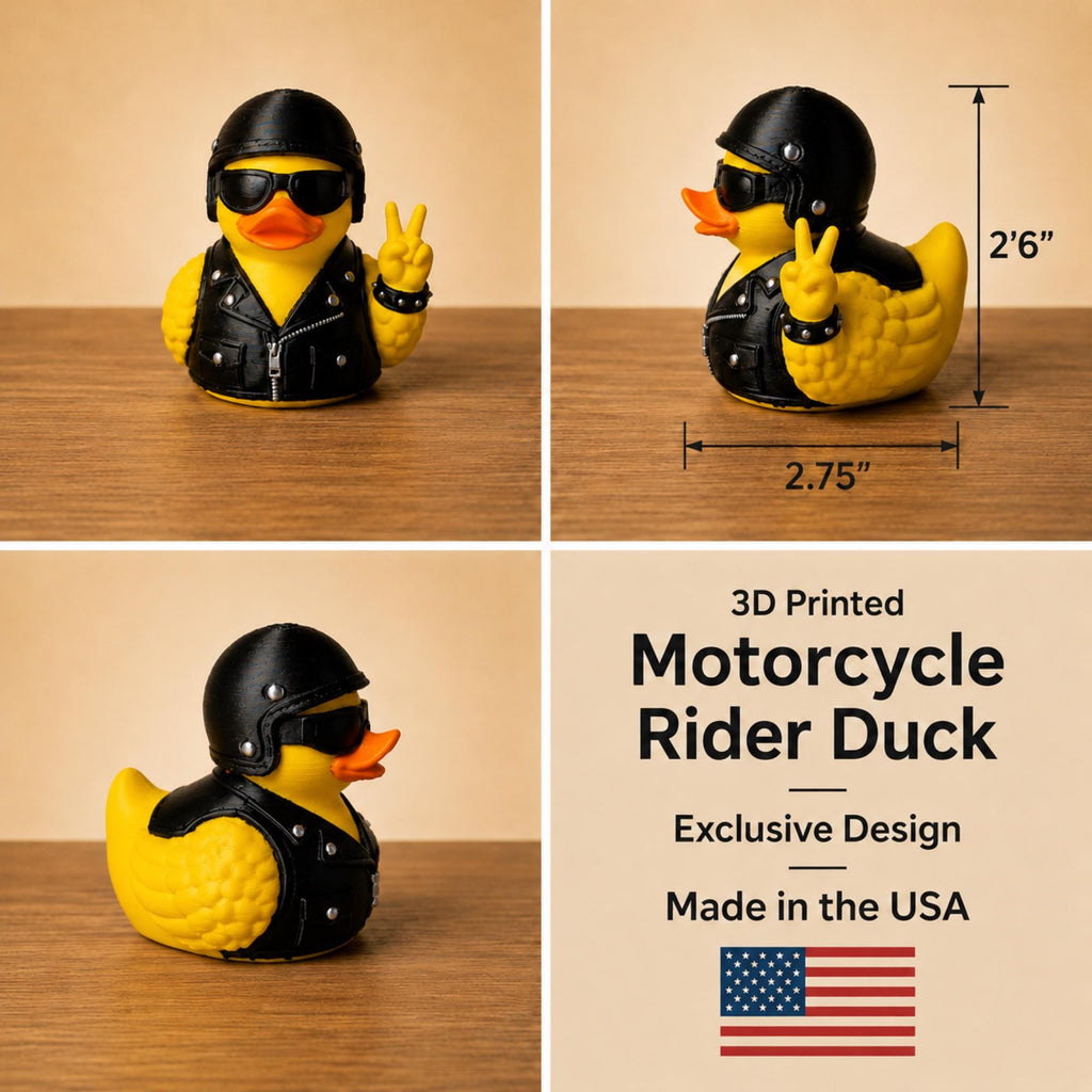 Rider Gift For Men Motorcycle Duck Figurine Biker Dashboard Companion Helmet Design Black Leather Vest Sunglasses Peace Sign Gesture Masculine Styling Display Man Cave Collectible Item Desk Ornament Cabin Hunting Lodge Dashboard Accessory