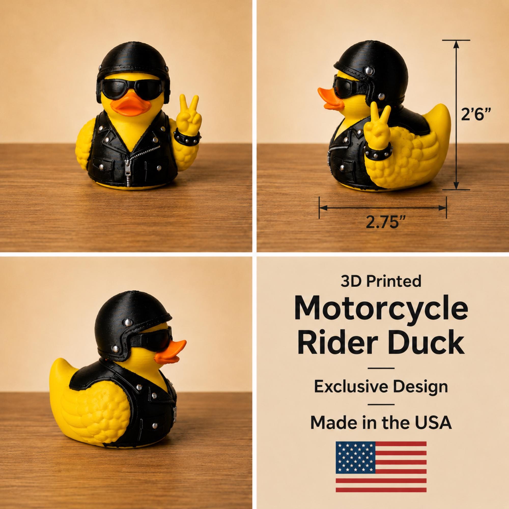 Rider Gift For Men Motorcycle Duck Figurine Biker Dashboard Companion Helmet Design Black Leather Vest Sunglasses Peace Sign Gesture Masculine Styling Display Man Cave Collectible Item Desk Ornament Cabin Hunting Lodge Dashboard Accessory