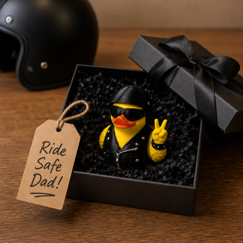 Motorcycle Duck Figurine – Biker Dashboard Ornament with Helmet Design